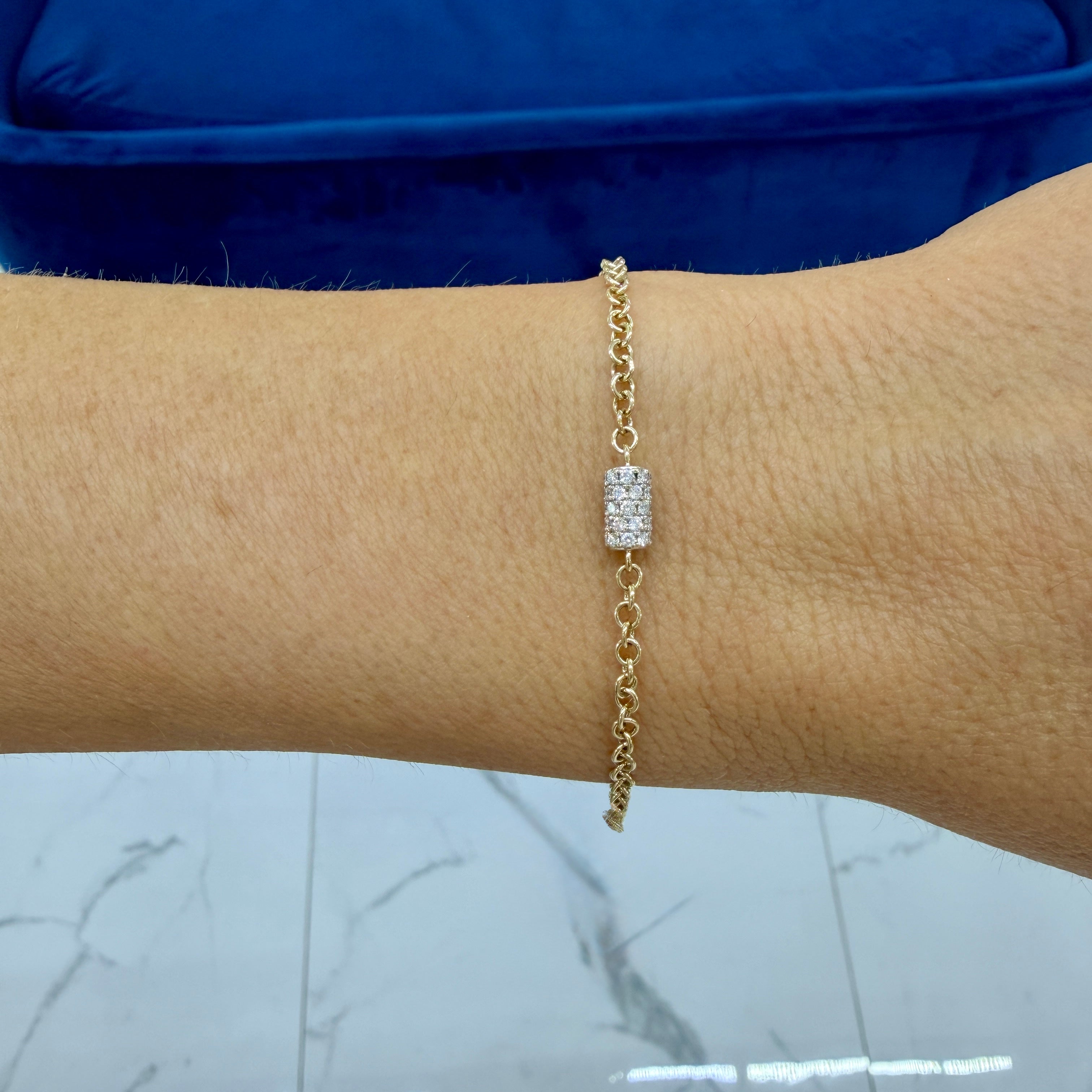 14K Rose Gold 0.41ctw Pave Diamond Barrel Rondelle Charm Chain Link Bracelet