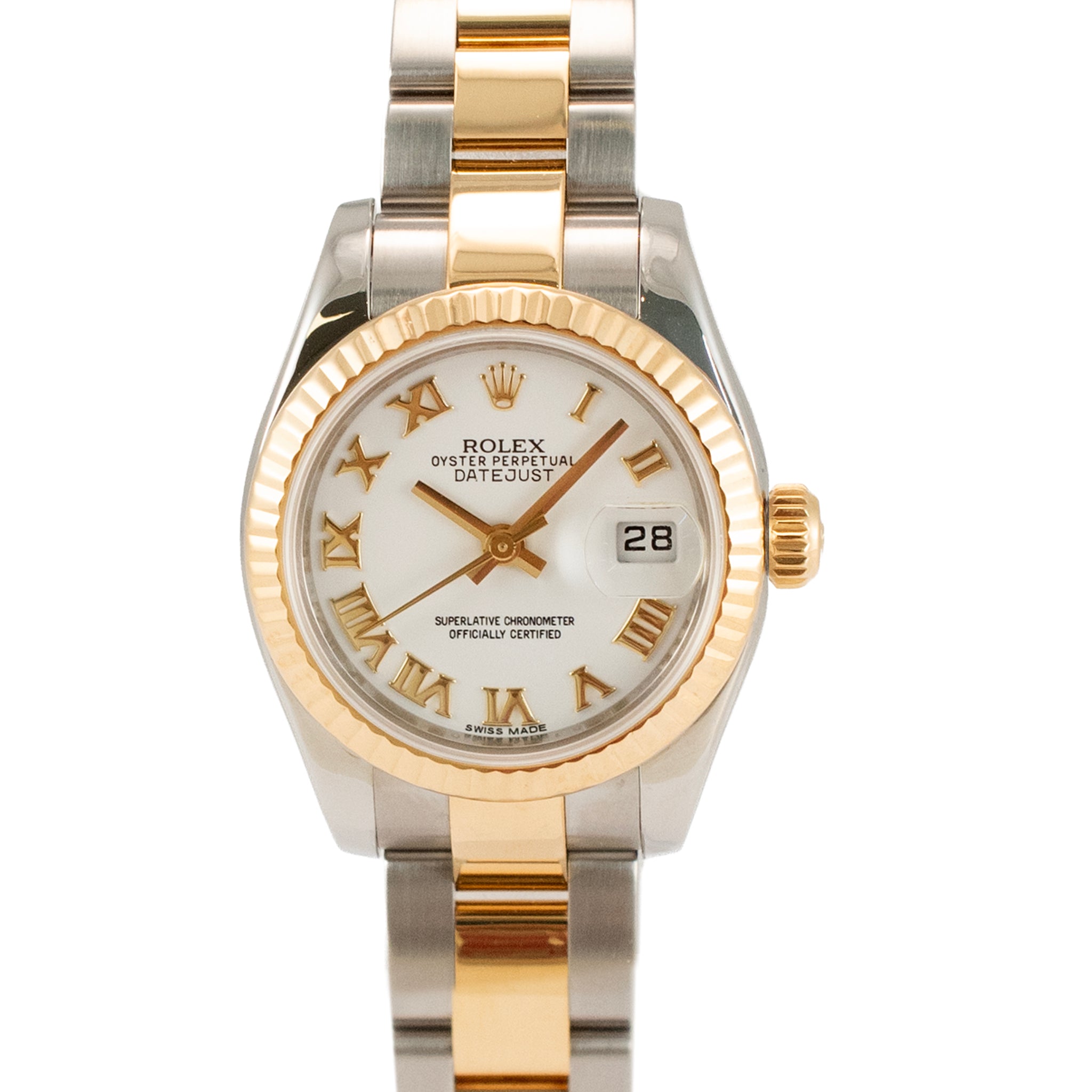 Ladies Rolex Datejust 26MM 179173 White Roman Oyster Two Tone Gold Steel Watch