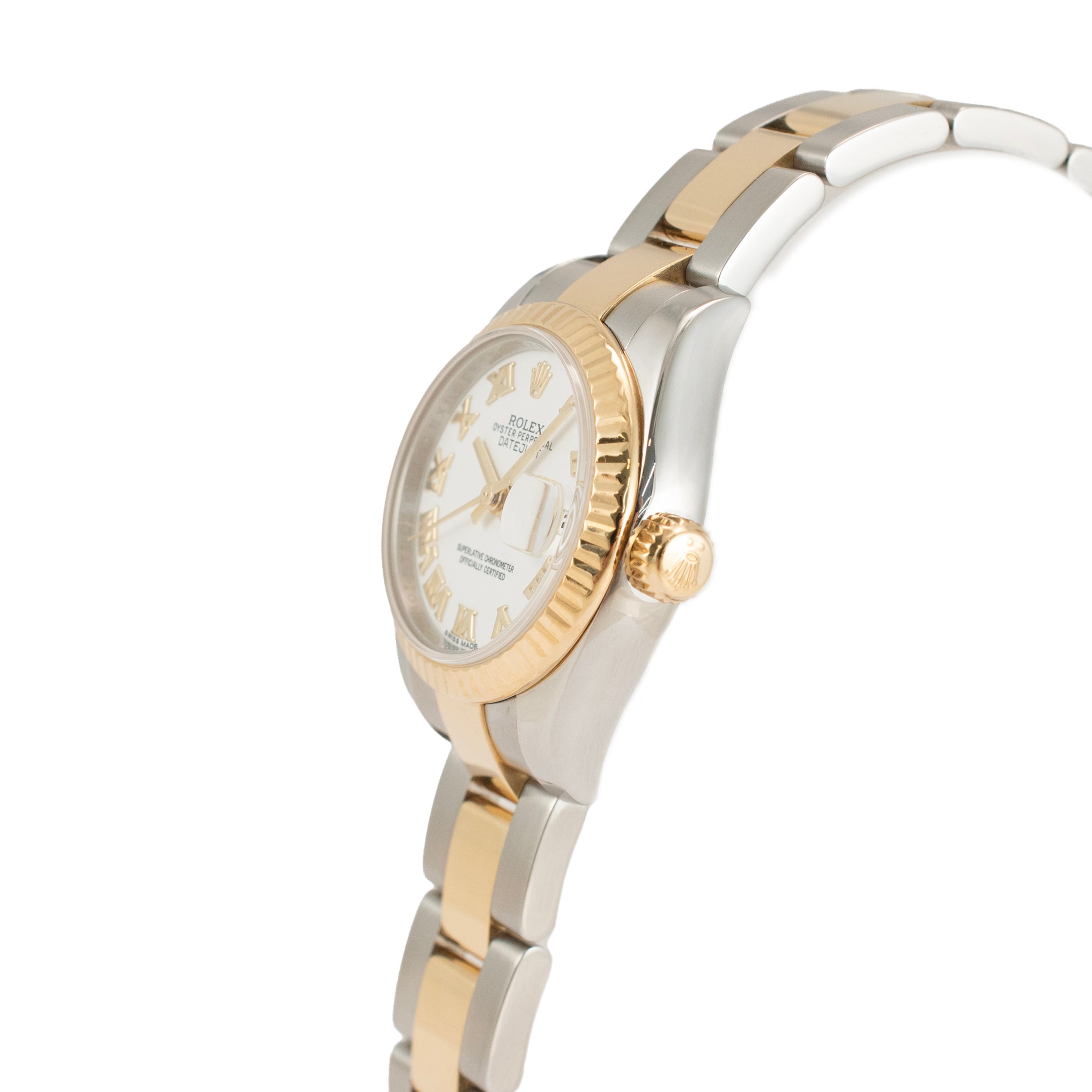 Ladies Rolex Datejust 26MM 179173 White Roman Oyster Two Tone Gold Steel Watch