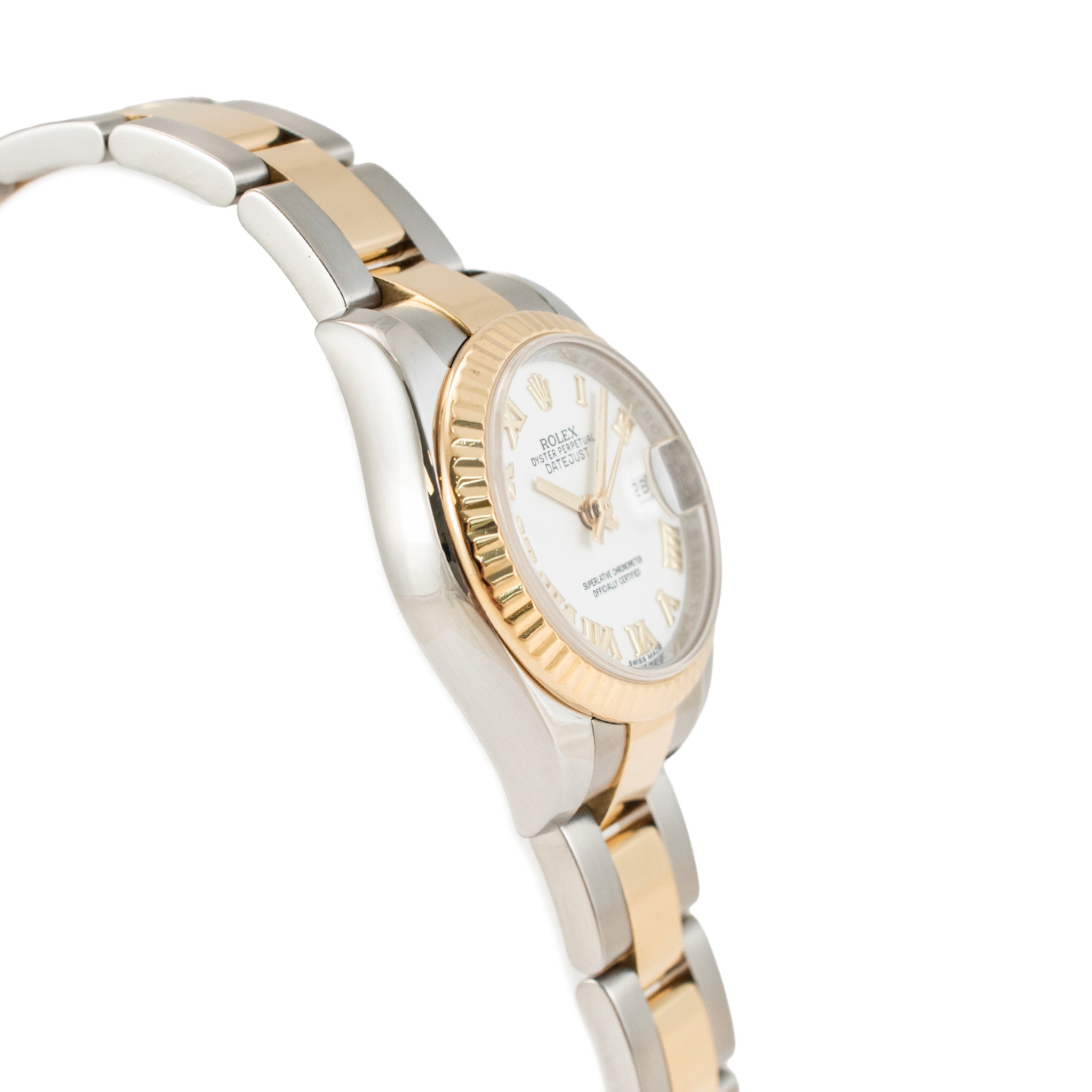 Ladies Rolex Datejust 26MM 179173 White Roman Oyster Two Tone Gold Steel Watch