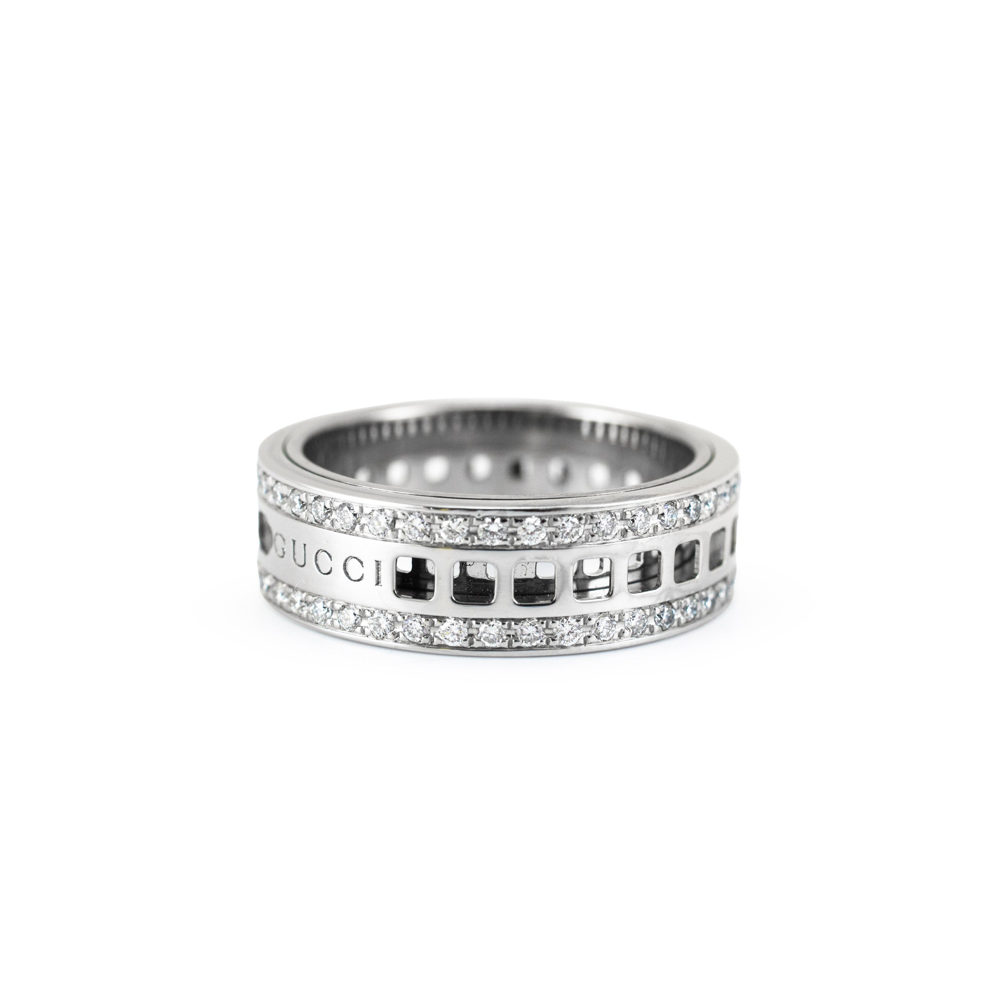 Men’s Retired Gucci 18K White Gold 0.99ctw Diamond Eternity Spinning Band Ring