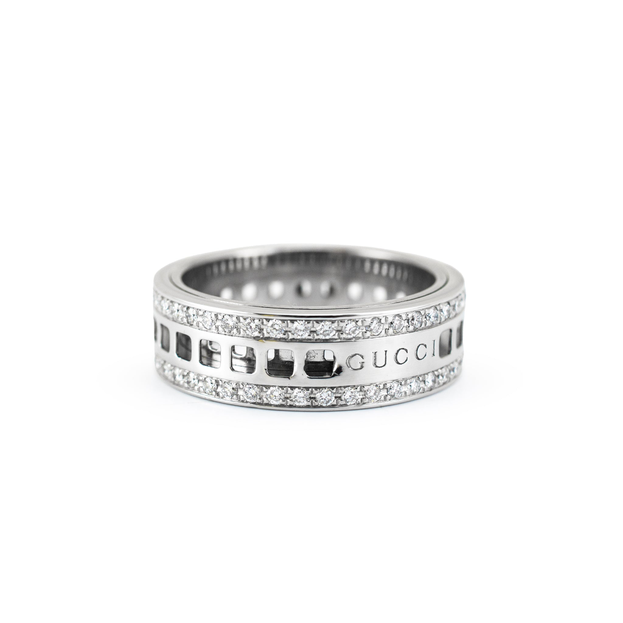 Men’s Retired Gucci 18K White Gold 0.99ctw Diamond Eternity Spinning Band Ring