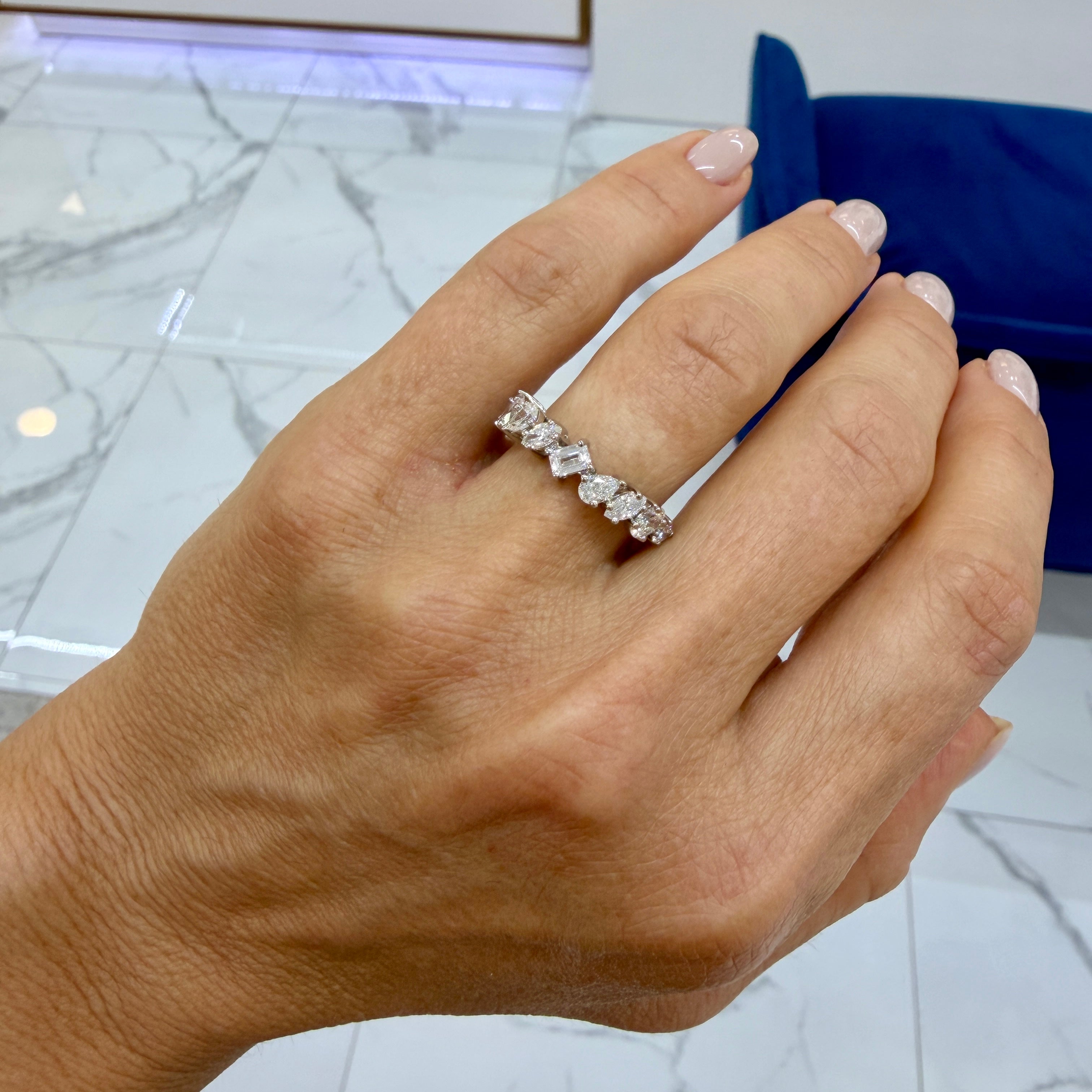 14K White Gold 1.52ctw Staggered Mixed Multi Shape Diamond Eternity Band Ring