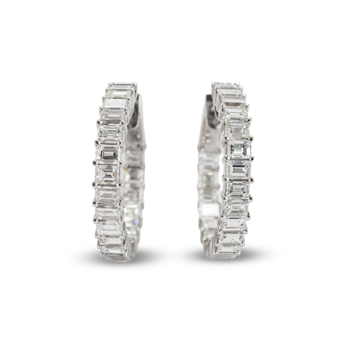 Ladies 18K White Gold 3.60ctw Inside Out Baguette Diamonds Hoop Earrings