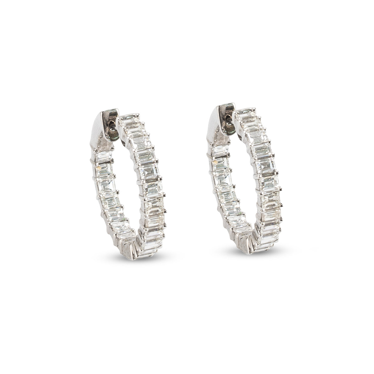 Ladies 18K White Gold 3.60ctw Inside Out Baguette Diamonds Hoop Earrings