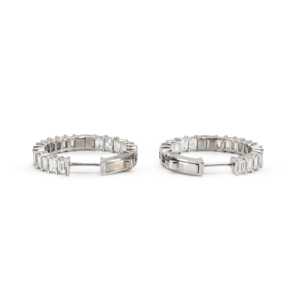 Ladies 18K White Gold 3.60ctw Inside Out Baguette Diamonds Hoop Earrings