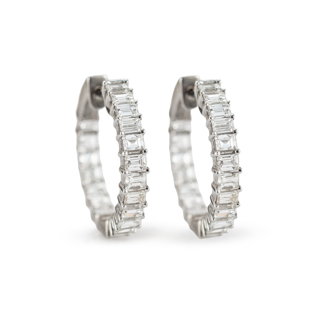 Ladies 18K White Gold 3.60ctw Inside Out Baguette Diamonds Hoop Earrings