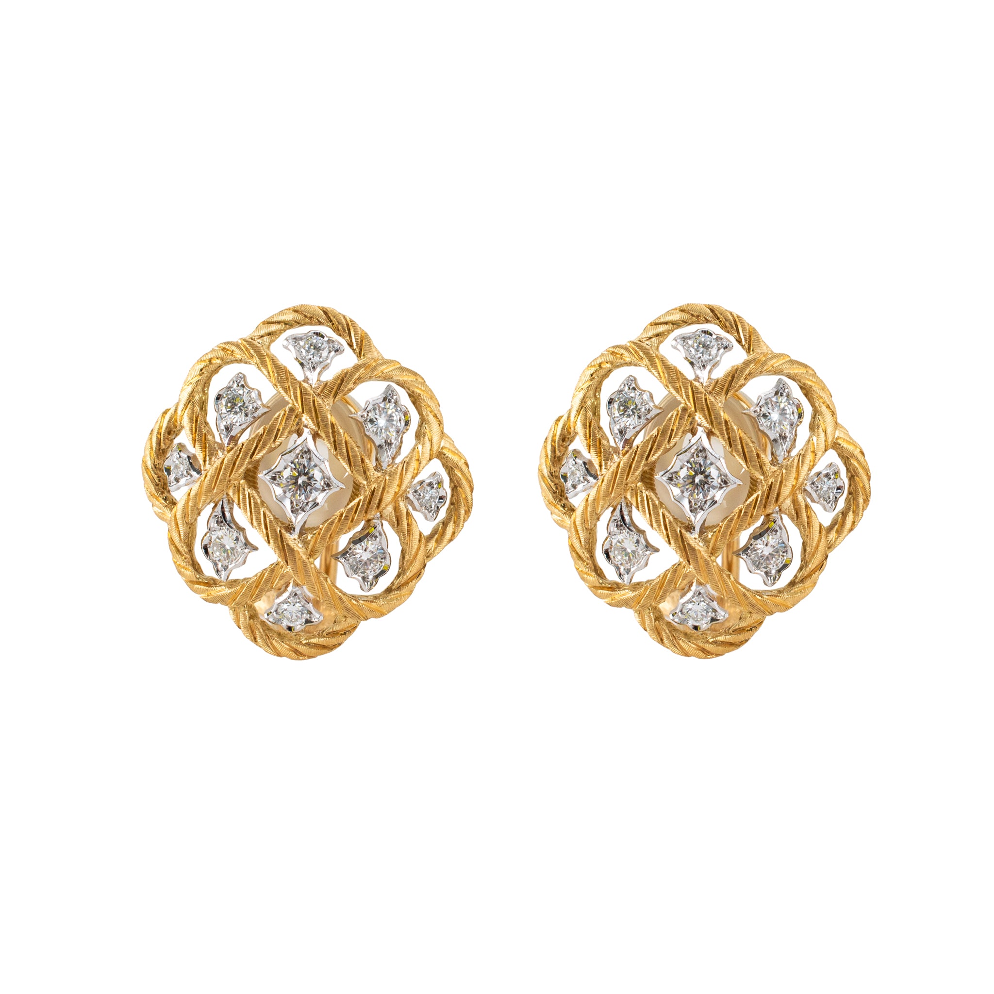 Vintage Buccellati Etoilee 18K Yellow & White Gold Diamond Rope Clip on Earrings