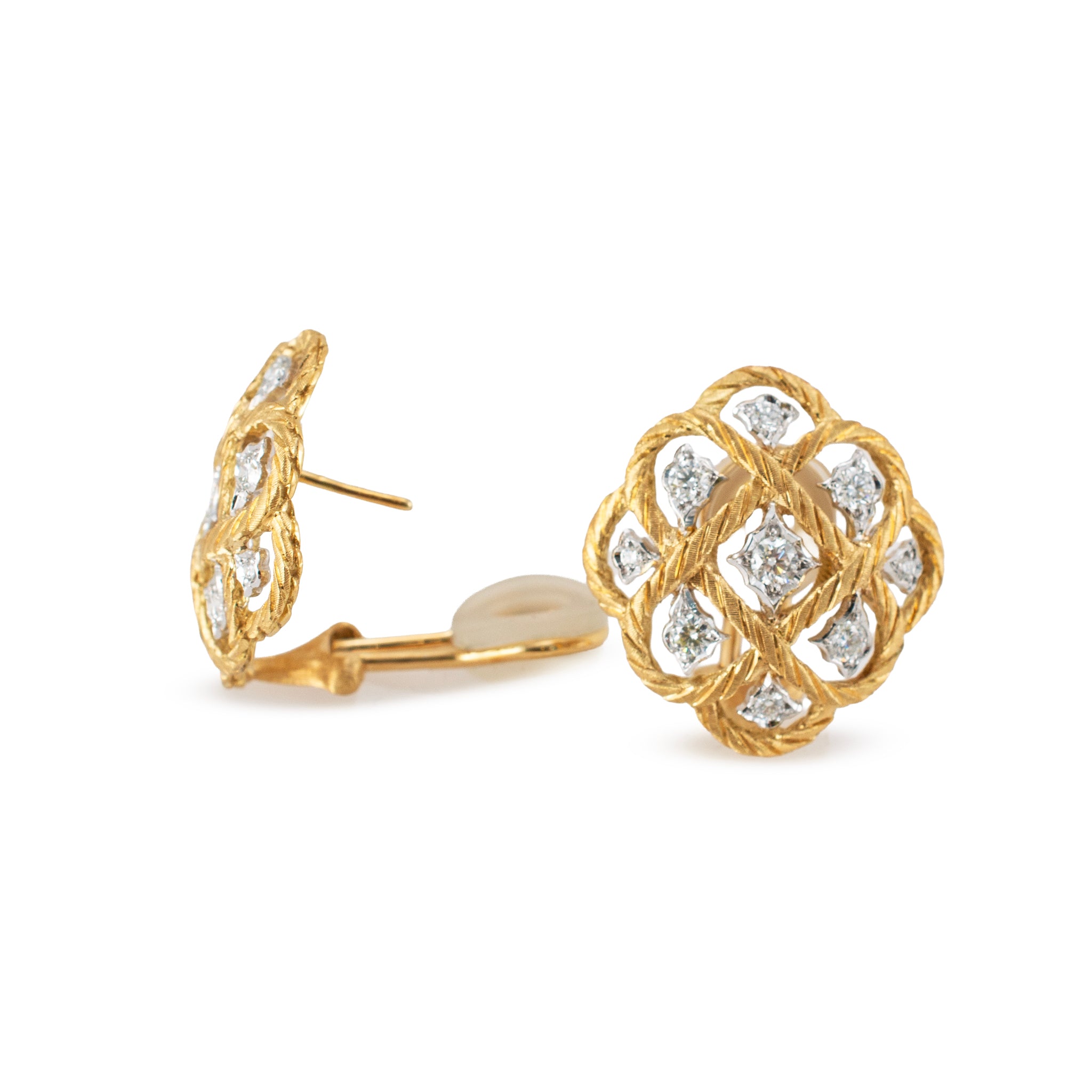 Vintage Buccellati Etoilee 18K Yellow & White Gold Diamond Rope Clip on Earrings