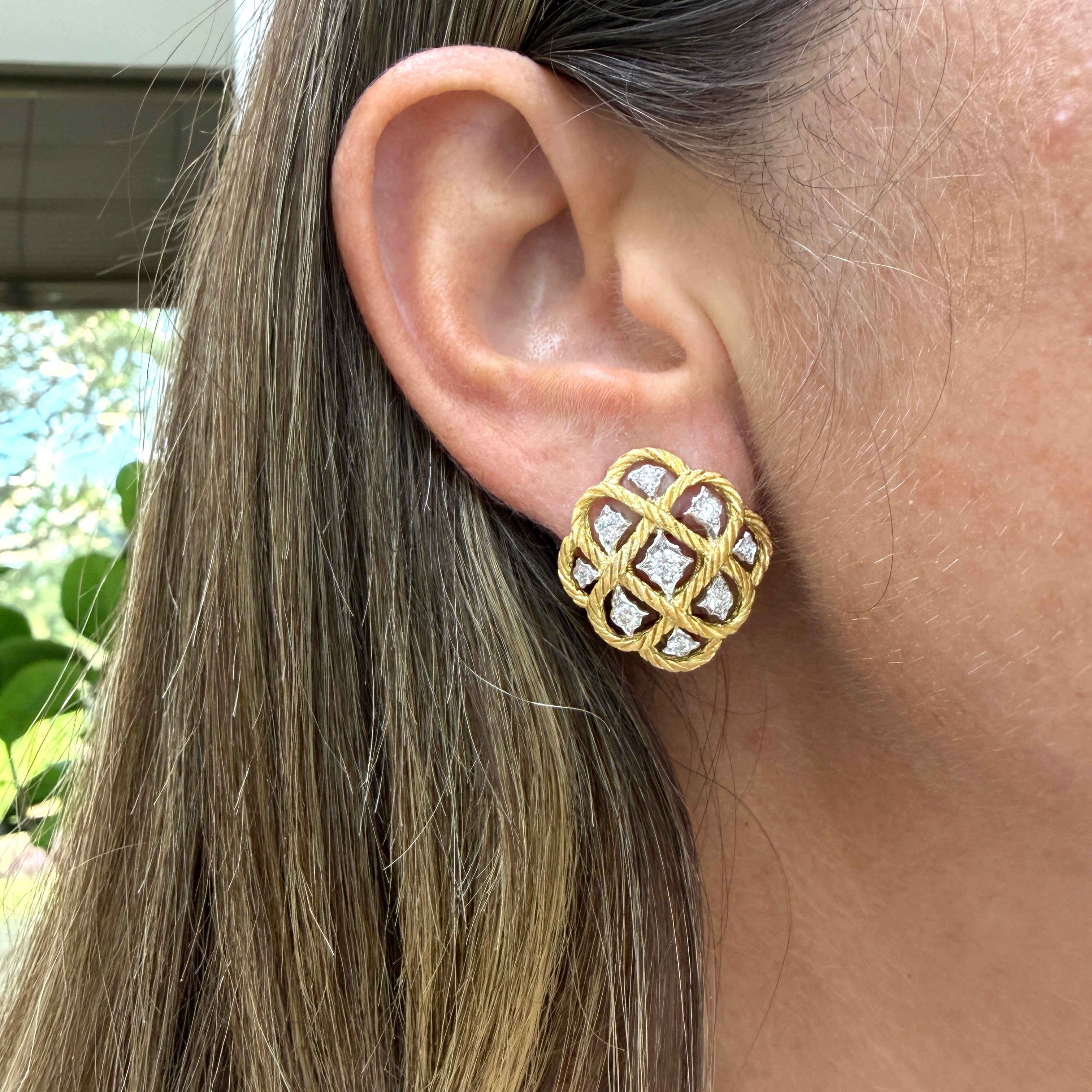 Vintage Buccellati Etoilee 18K Yellow & White Gold Diamond Rope Clip on Earrings