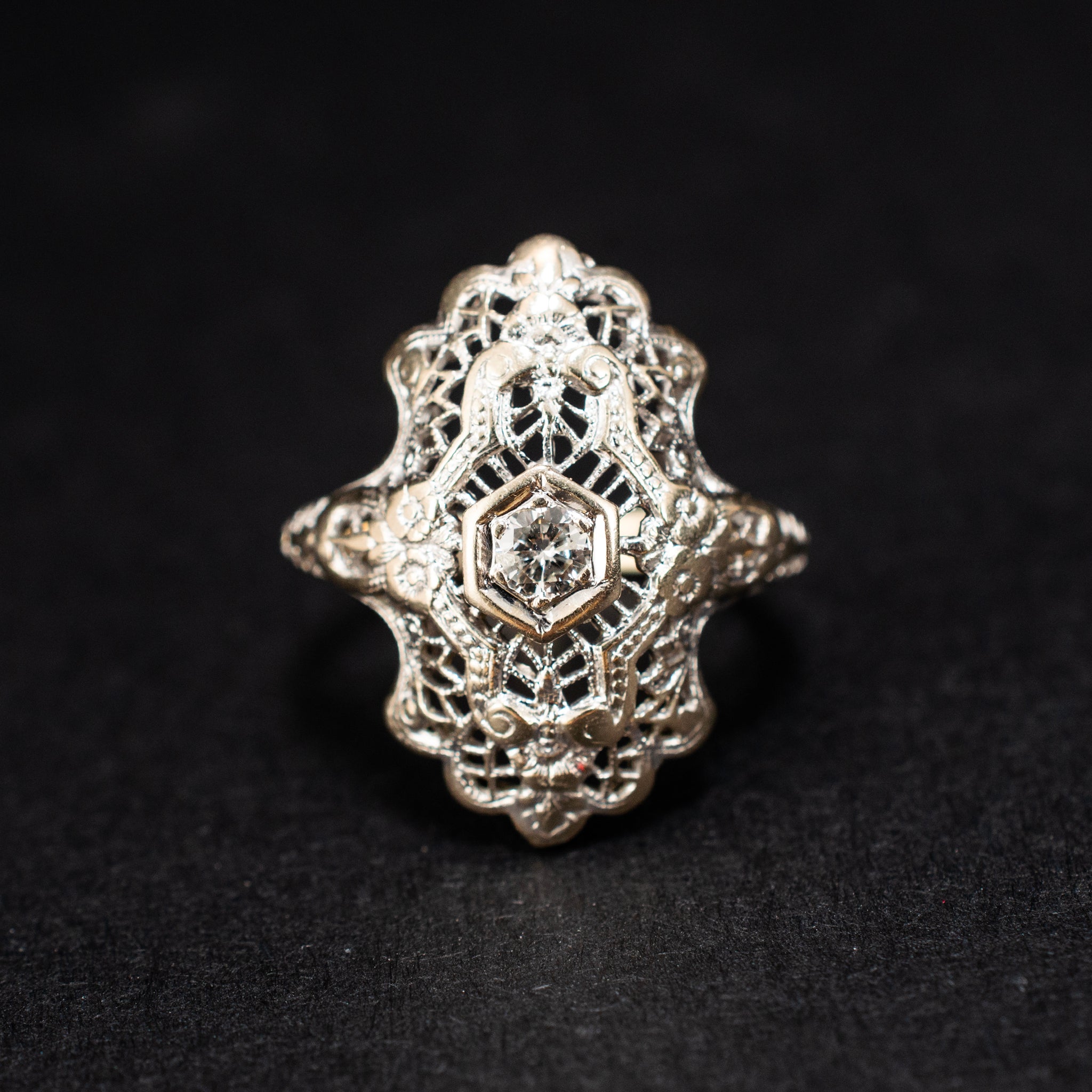 Cocktail & Statement Ring 0.15ct Diamond Filigree 14K Yellow Gold Vintage 453983 available at DJP Jewelers & Luxury Buyers