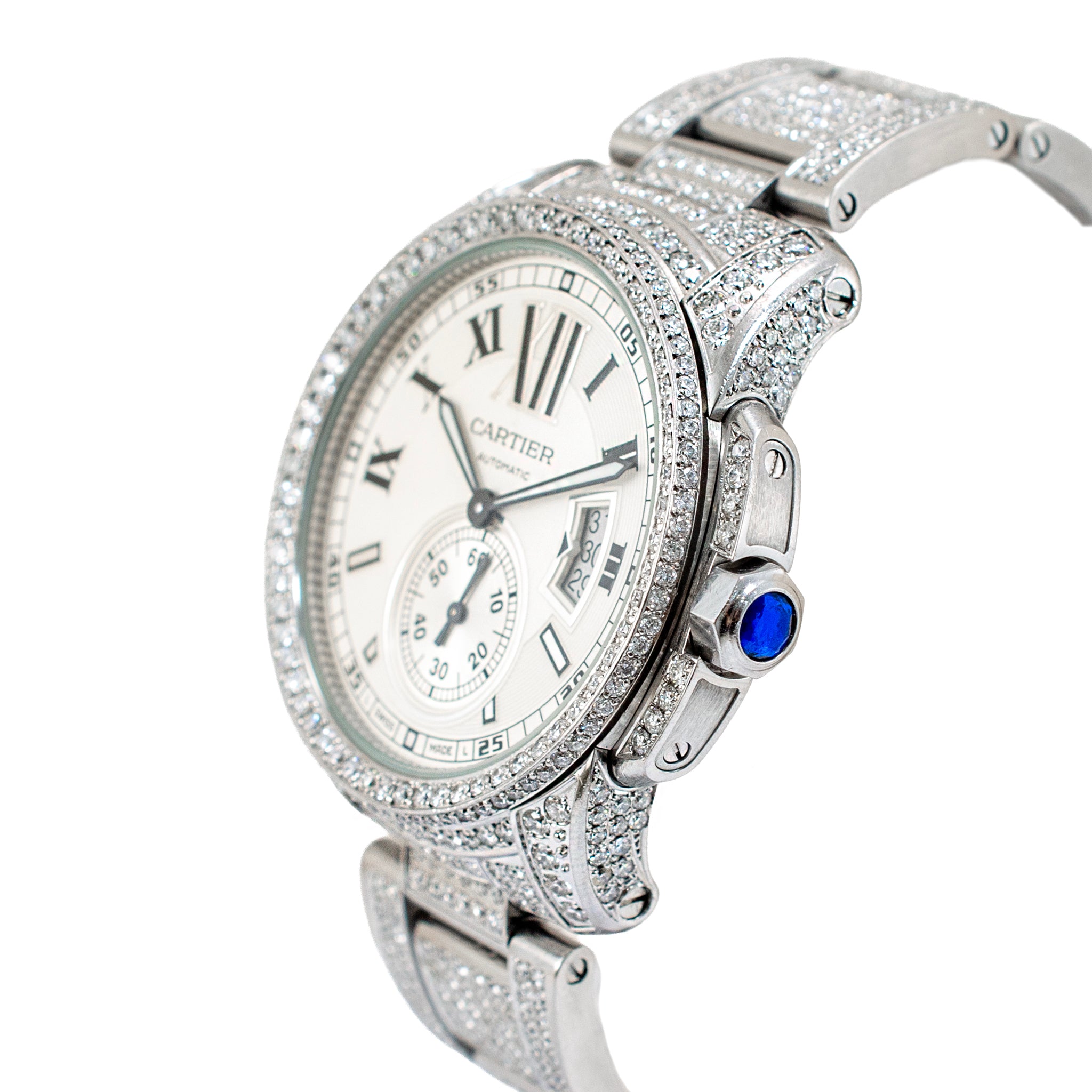 Cartier Calibre de Cartier 42MM 3389 / W7100015 Iced Out Diamond Steel Watch