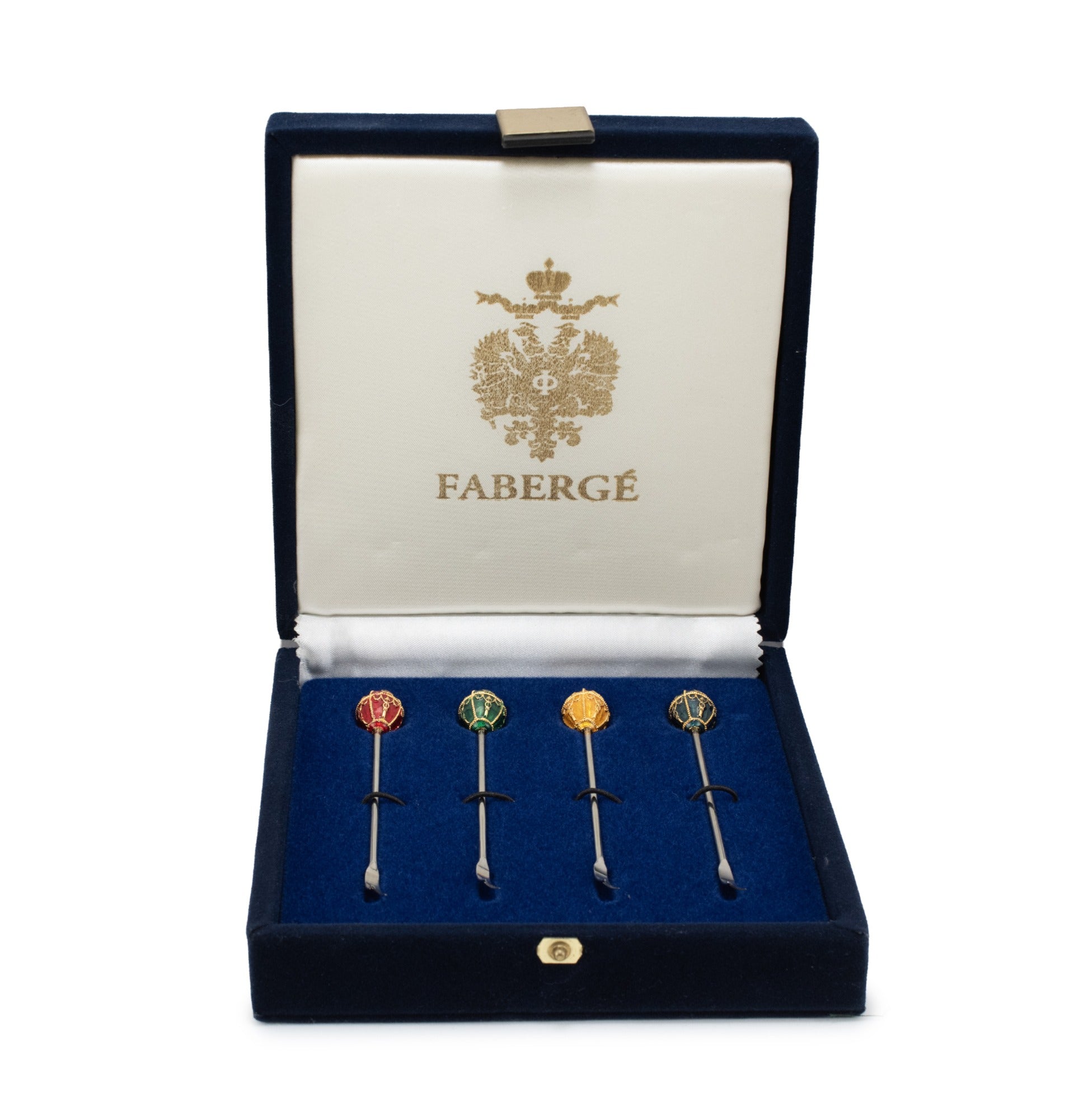 Vintage Fabergé Imperial Collection Enameled Egg Set of 4 Topped Cocktail Forks