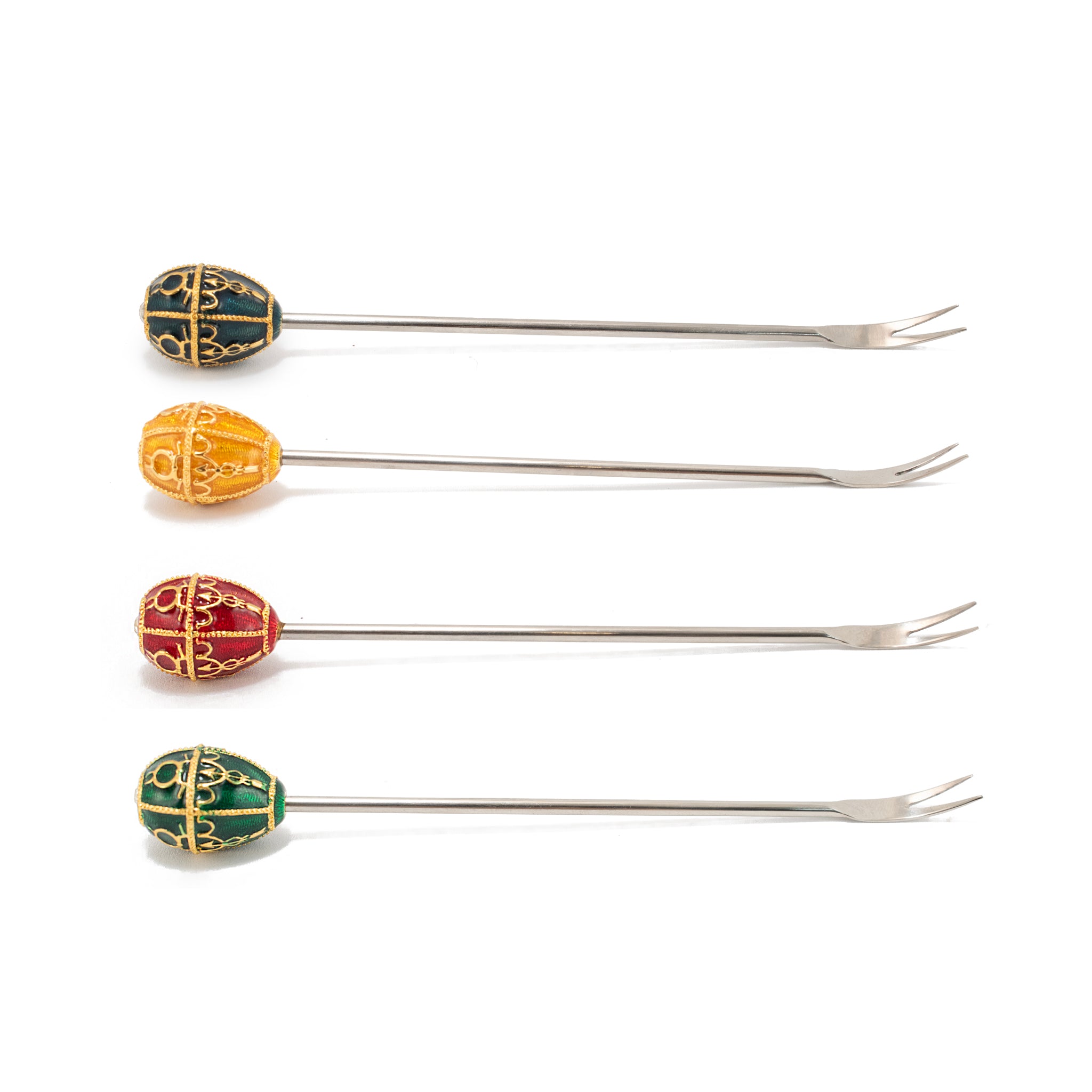 Vintage Fabergé Imperial Collection Enameled Egg Set of 4 Topped Cocktail Forks