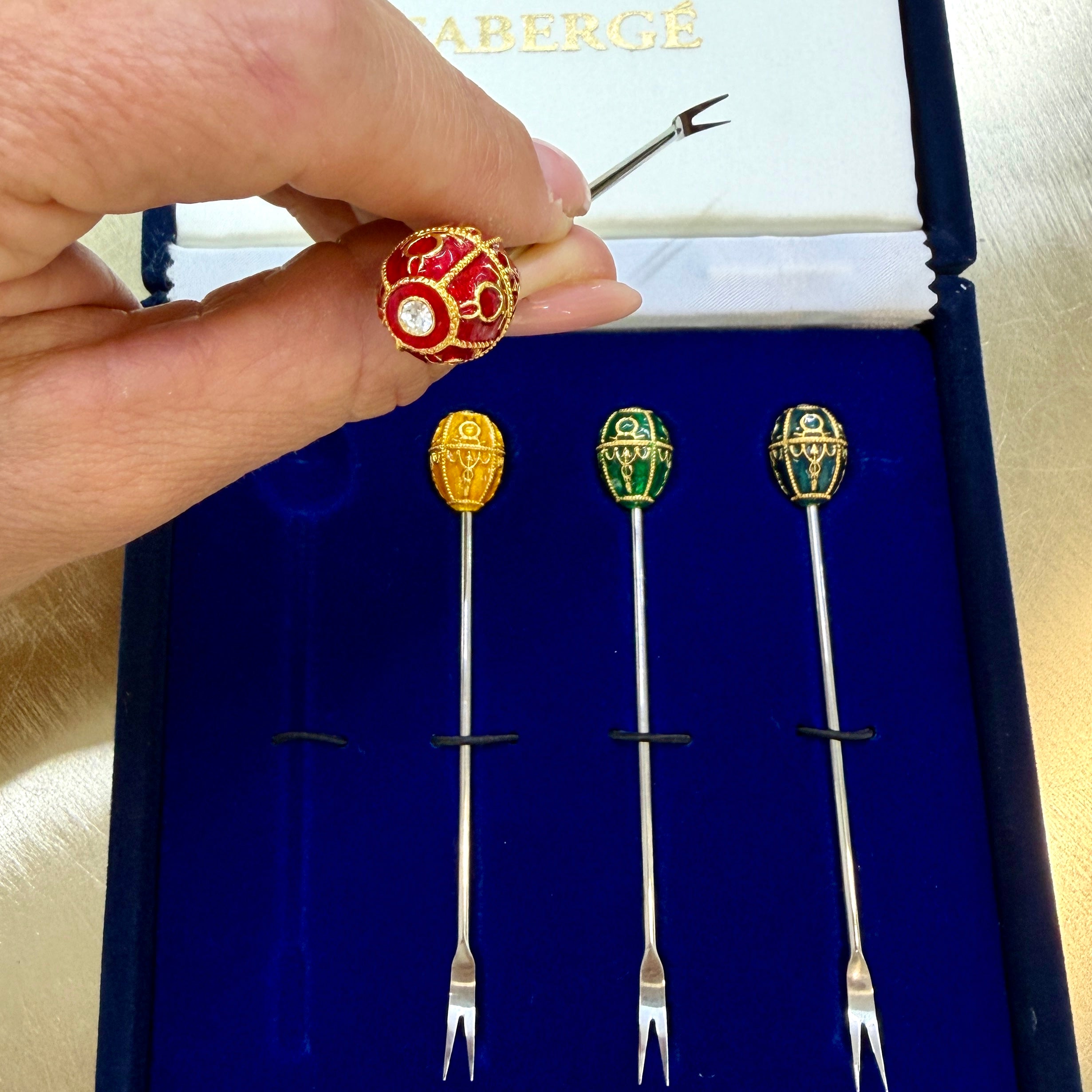Vintage Fabergé Imperial Collection Enameled Egg Set of 4 Topped Cocktail Forks