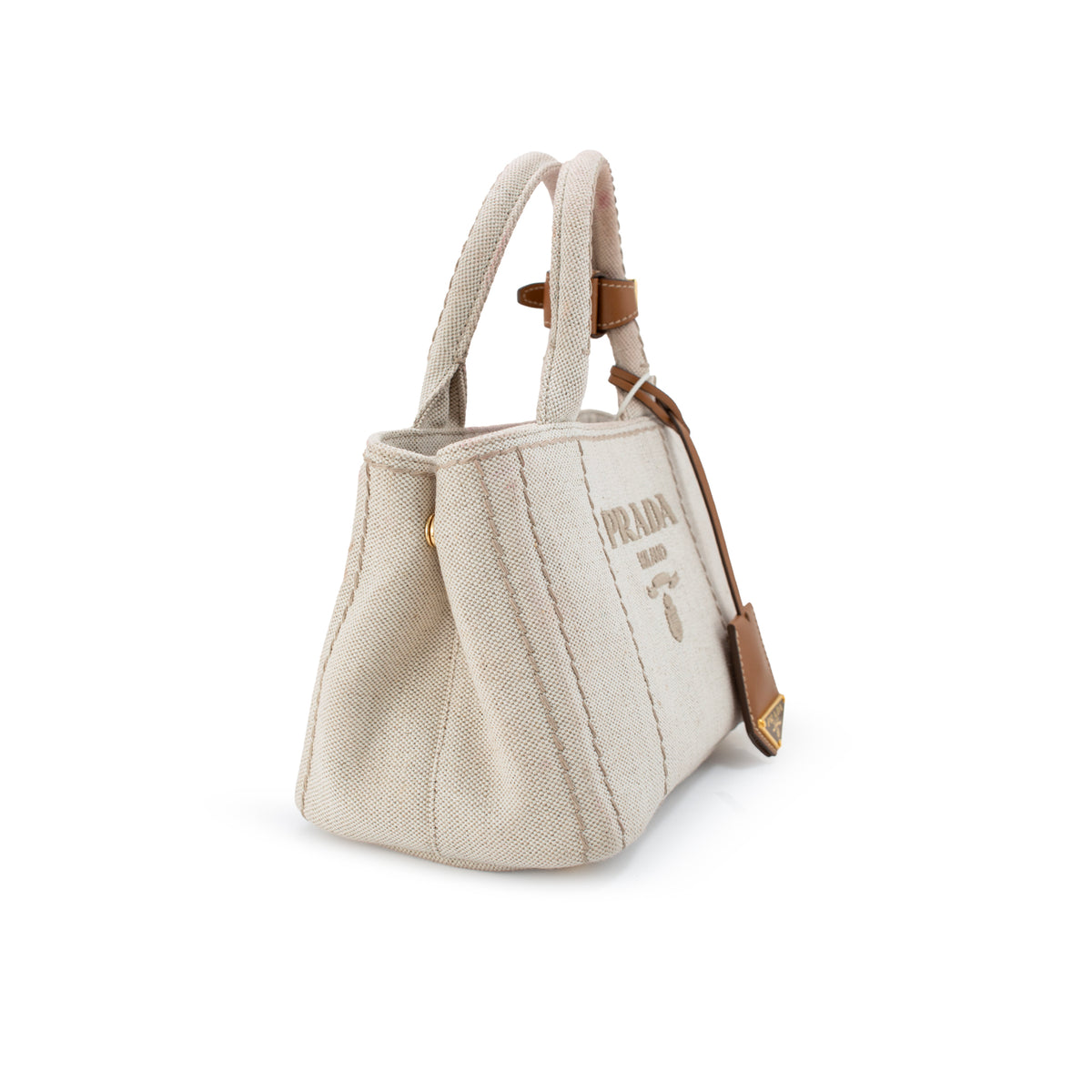 Prada Jardinière Natural Cotton Canvas Leather Trim Mini Handbag