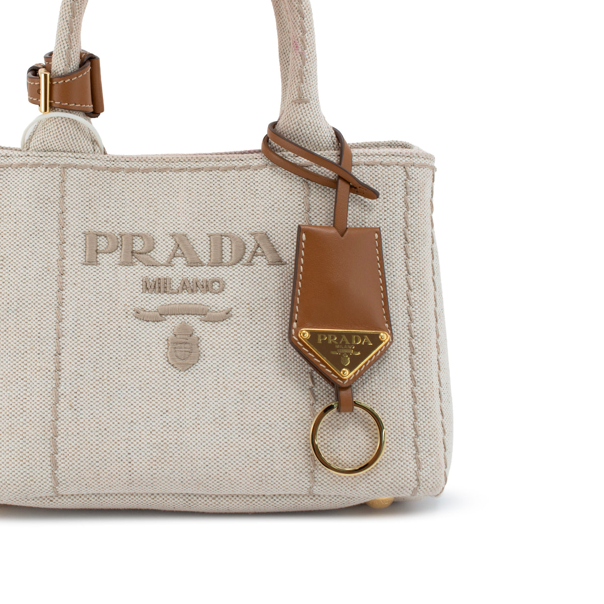 Prada Jardinière Natural Cotton Canvas Leather Trim Mini Handbag