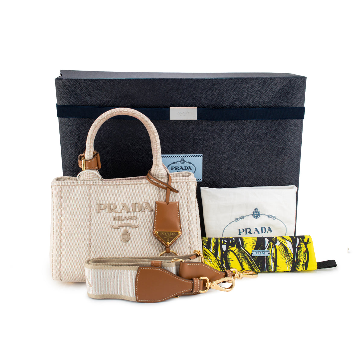 Prada Jardinière Natural Cotton Canvas Leather Trim Mini Handbag