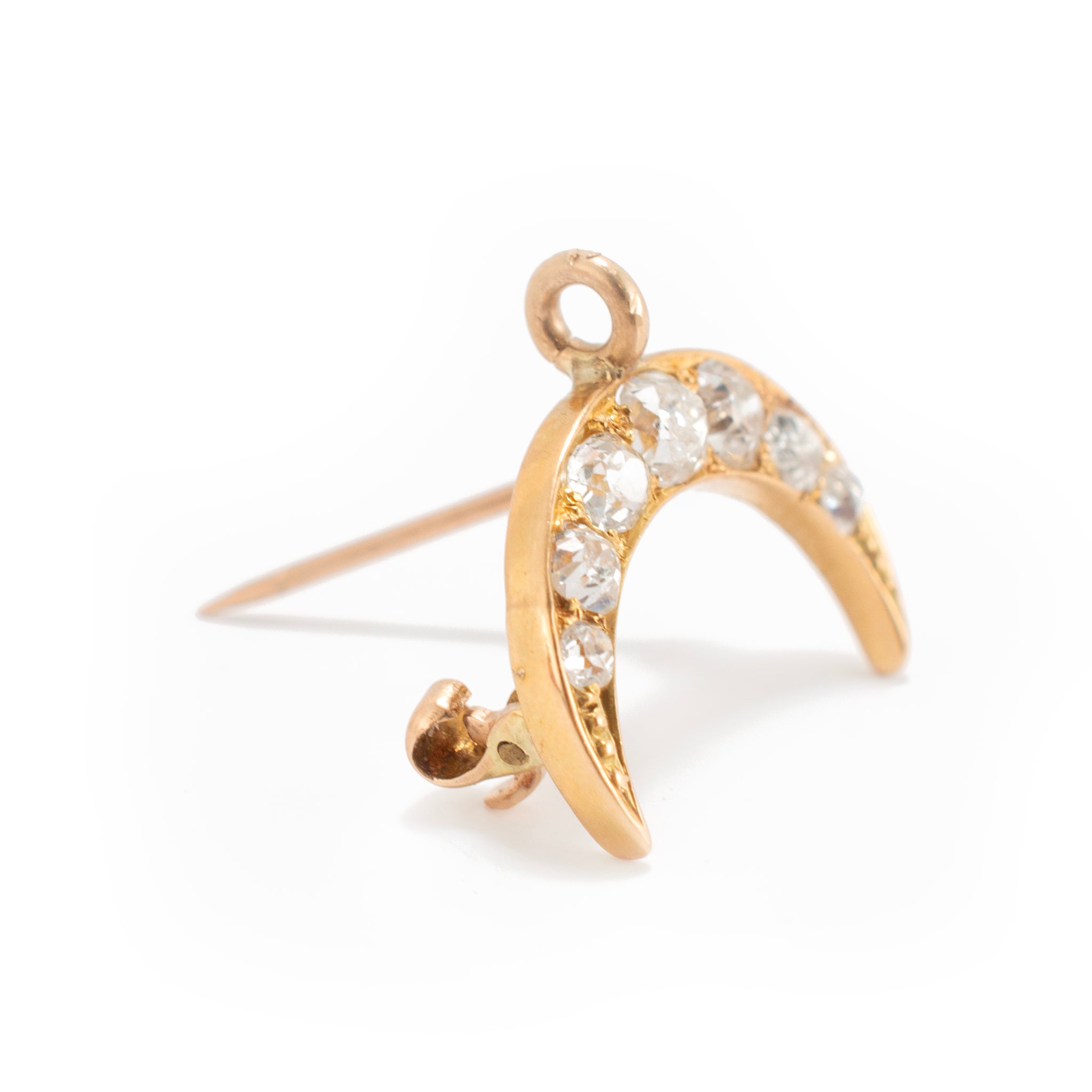 Victorian Antique 18K Yellow Gold 1.24ctw Old Cut Diamond Crescent PIN Pendant