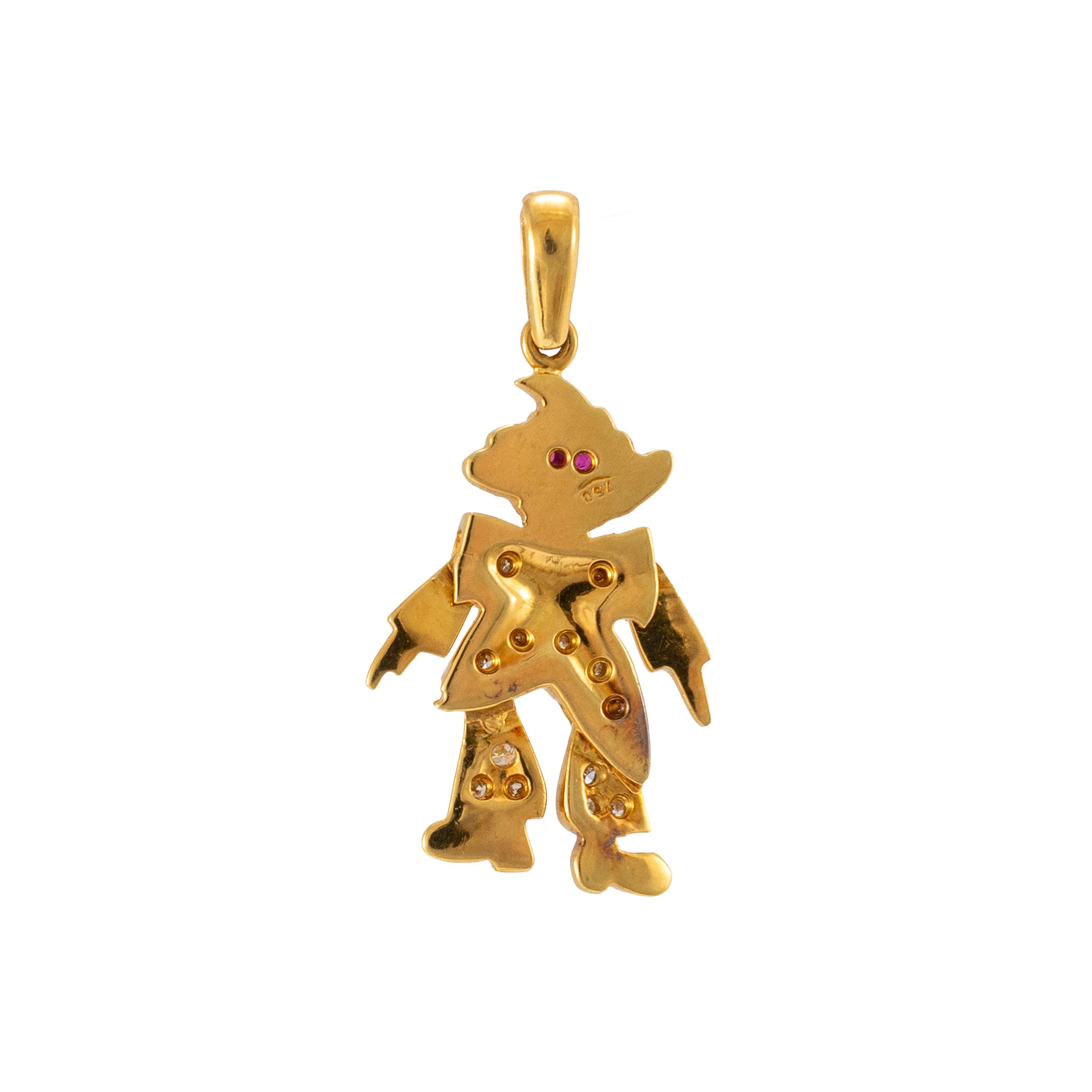Vintage 18K Yellow Gold 0.31ctw Ruby Eyes Diamond Movable Clown Drop Pendant