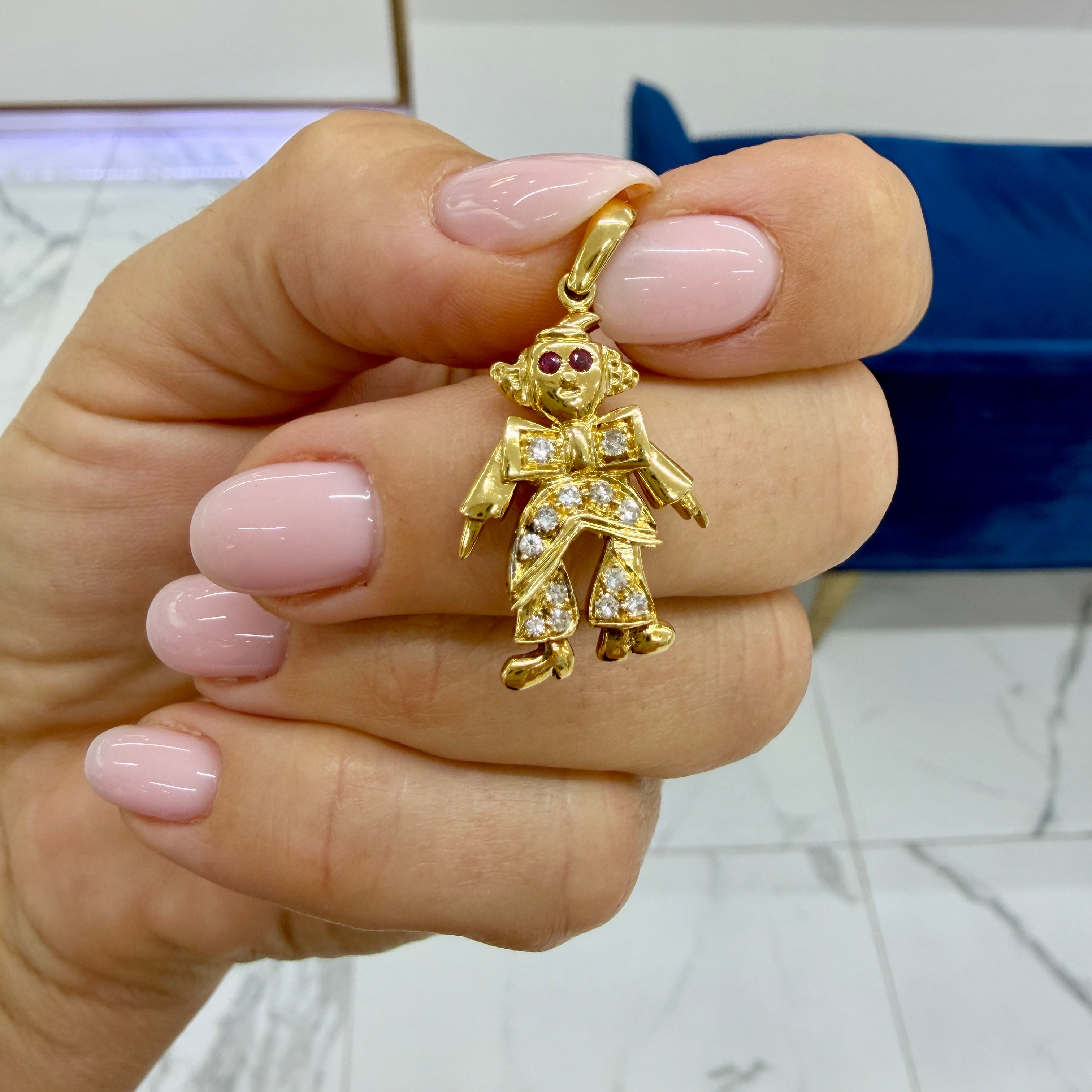 Vintage 18K Yellow Gold 0.31ctw Ruby Eyes Diamond Movable Clown Drop Pendant