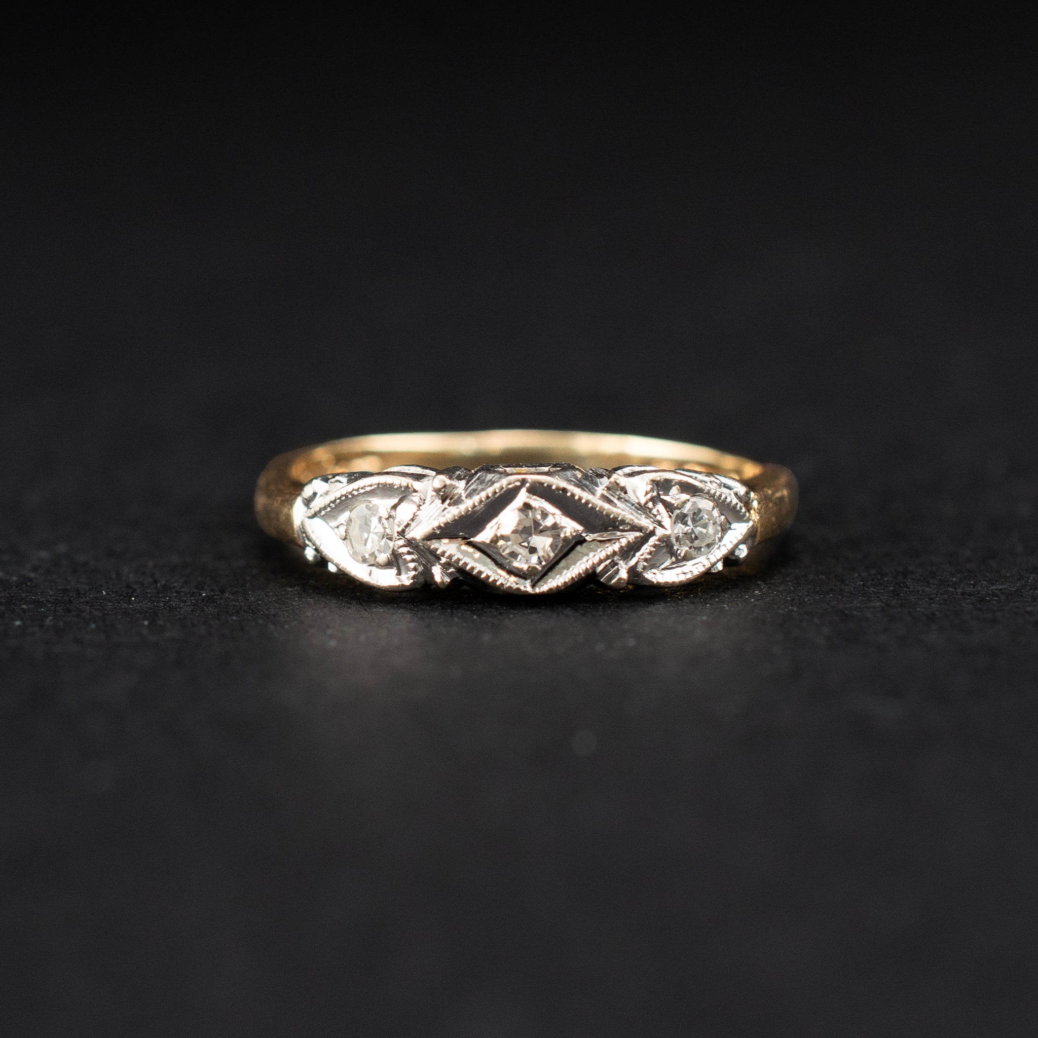 Cocktail & Statement Ring 0.07ct Diamond Three Stones 14K White & Yellow Gold Art Deco 454376 available at DJP Jewelers & Luxury Buyers