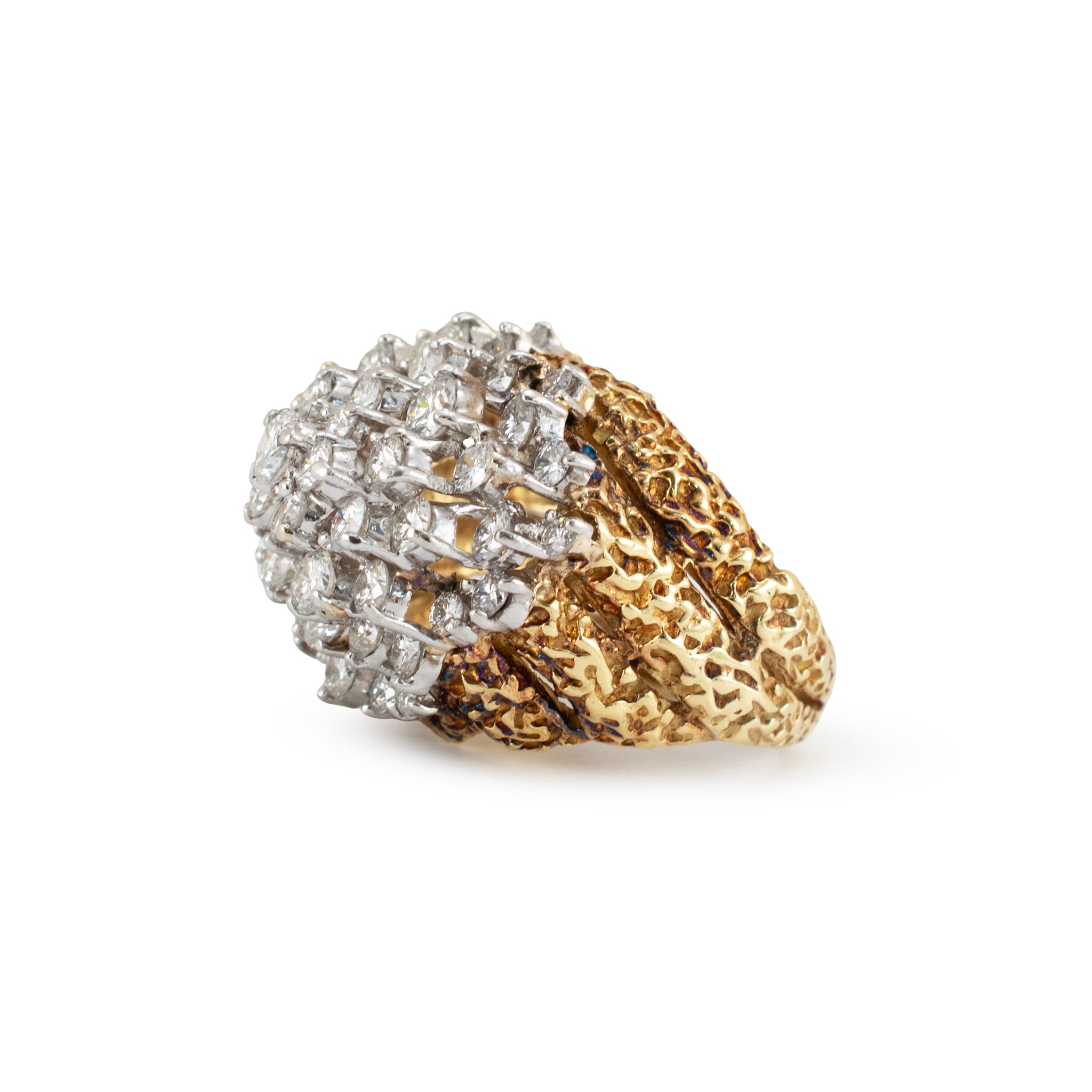 Vintage 18K Yellow Gold Platinum 7.04ctw Two-Tone Bombe Cluster Cocktail Ring