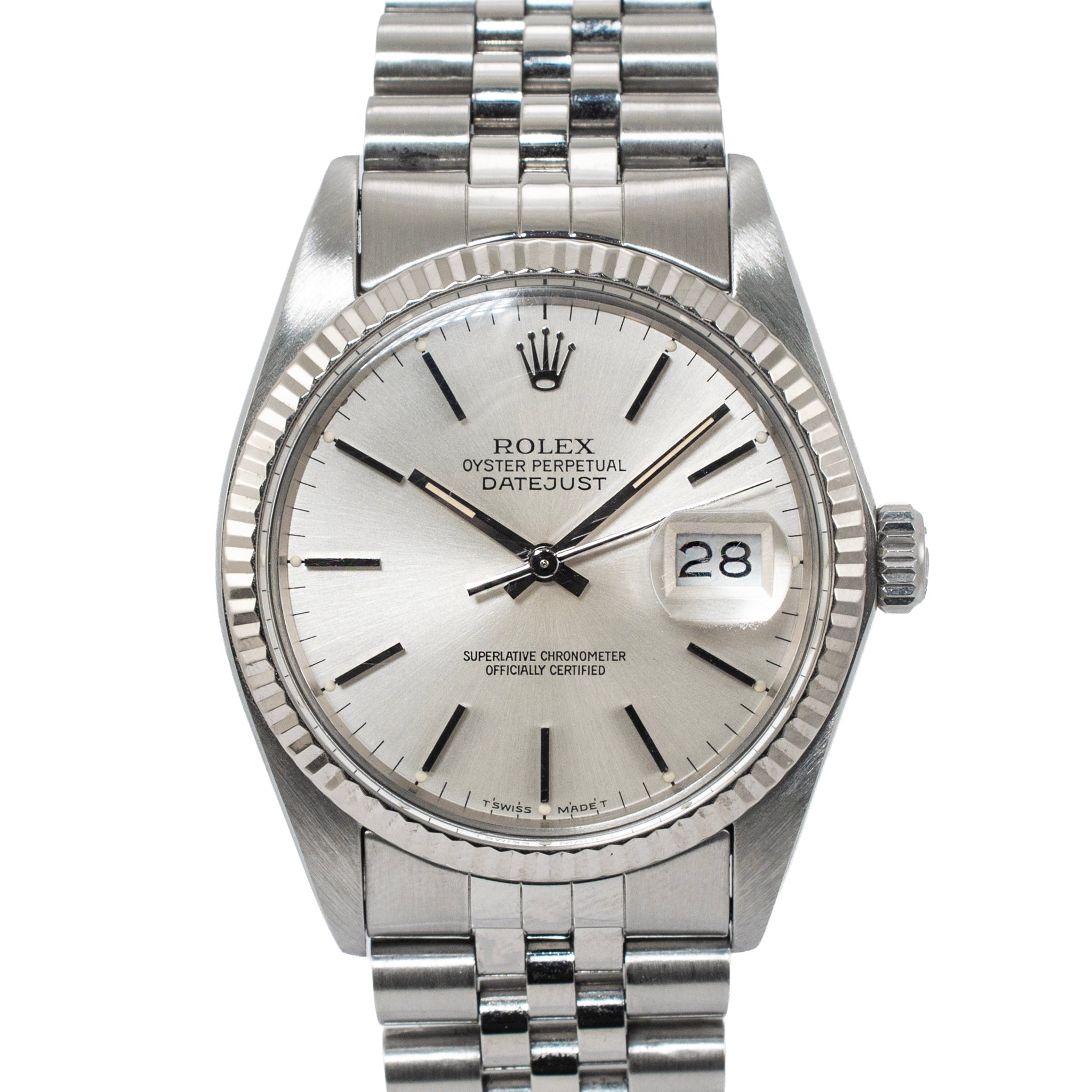 Rolex Date Just 36MM 16014 Silver Dial 18K White Gold Stainless Steel Watch