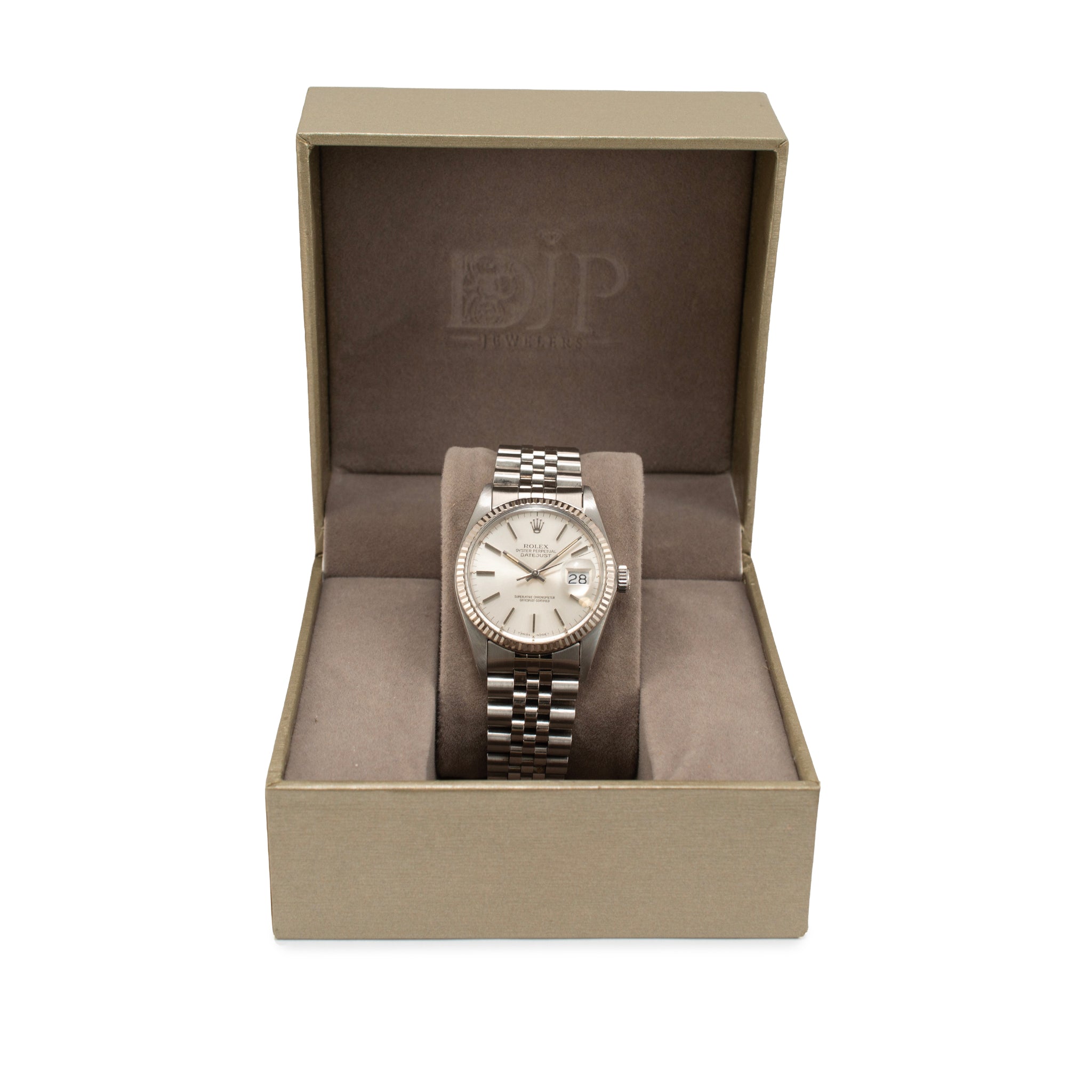 Rolex Date Just 36MM 16014 Silver Dial 18K White Gold Stainless Steel Watch