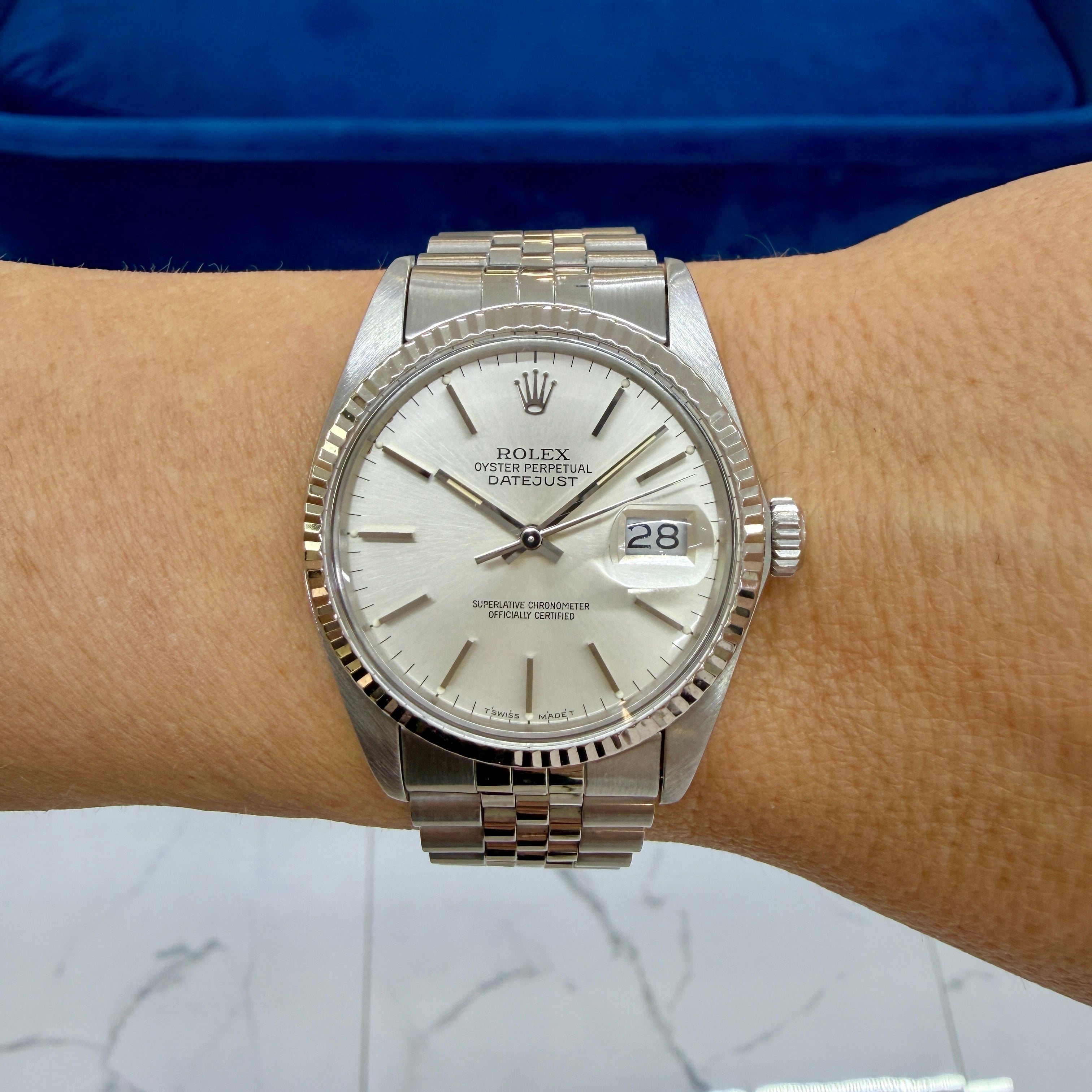 Rolex Date Just 36MM 16014 Silver Dial 18K White Gold Stainless Steel Watch