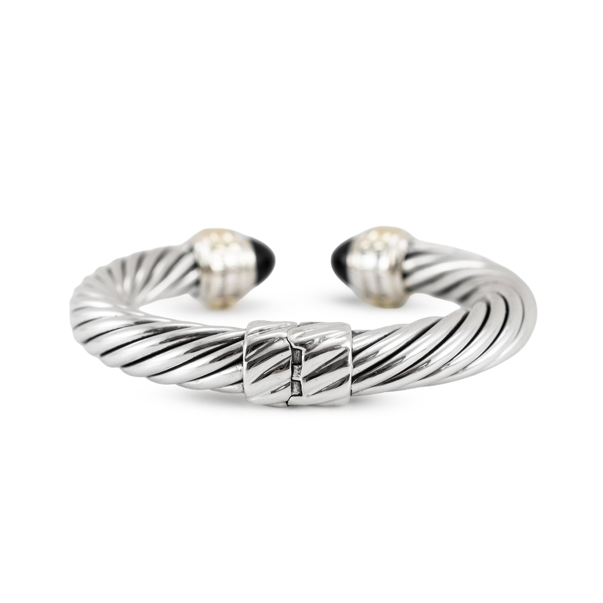 David Yurman Classic Cable 10MM 14K Gold Silver Black Onyx Cuff Bangle Bracelet