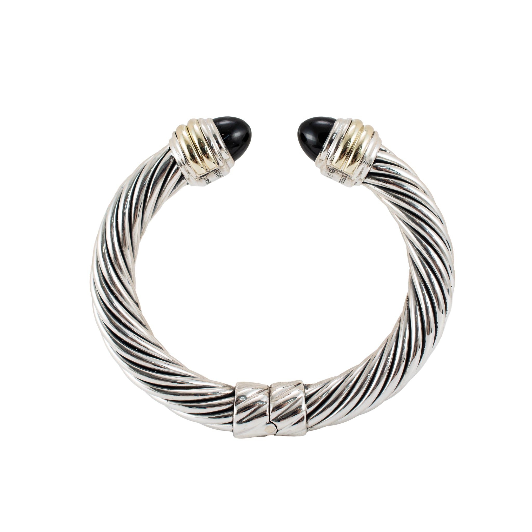 David Yurman Classic Cable 10MM 14K Gold Silver Black Onyx Cuff Bangle Bracelet