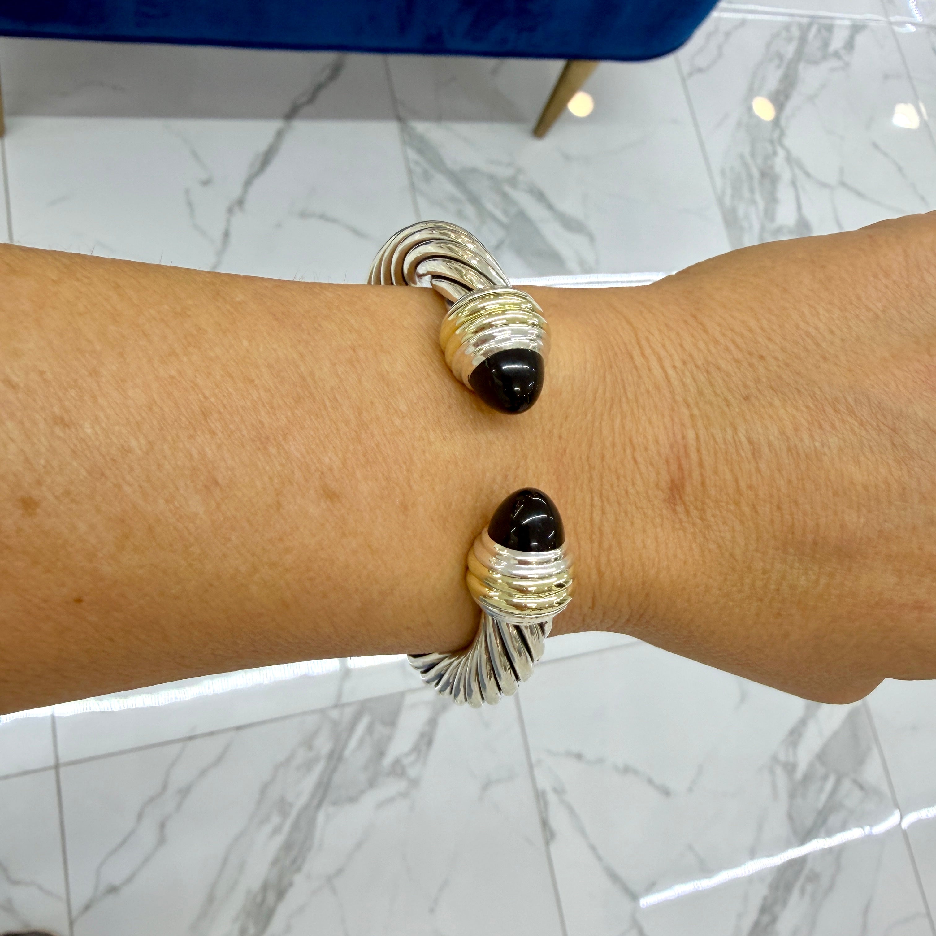 David Yurman Classic Cable 10MM 14K Gold Silver Black Onyx Cuff Bangle Bracelet