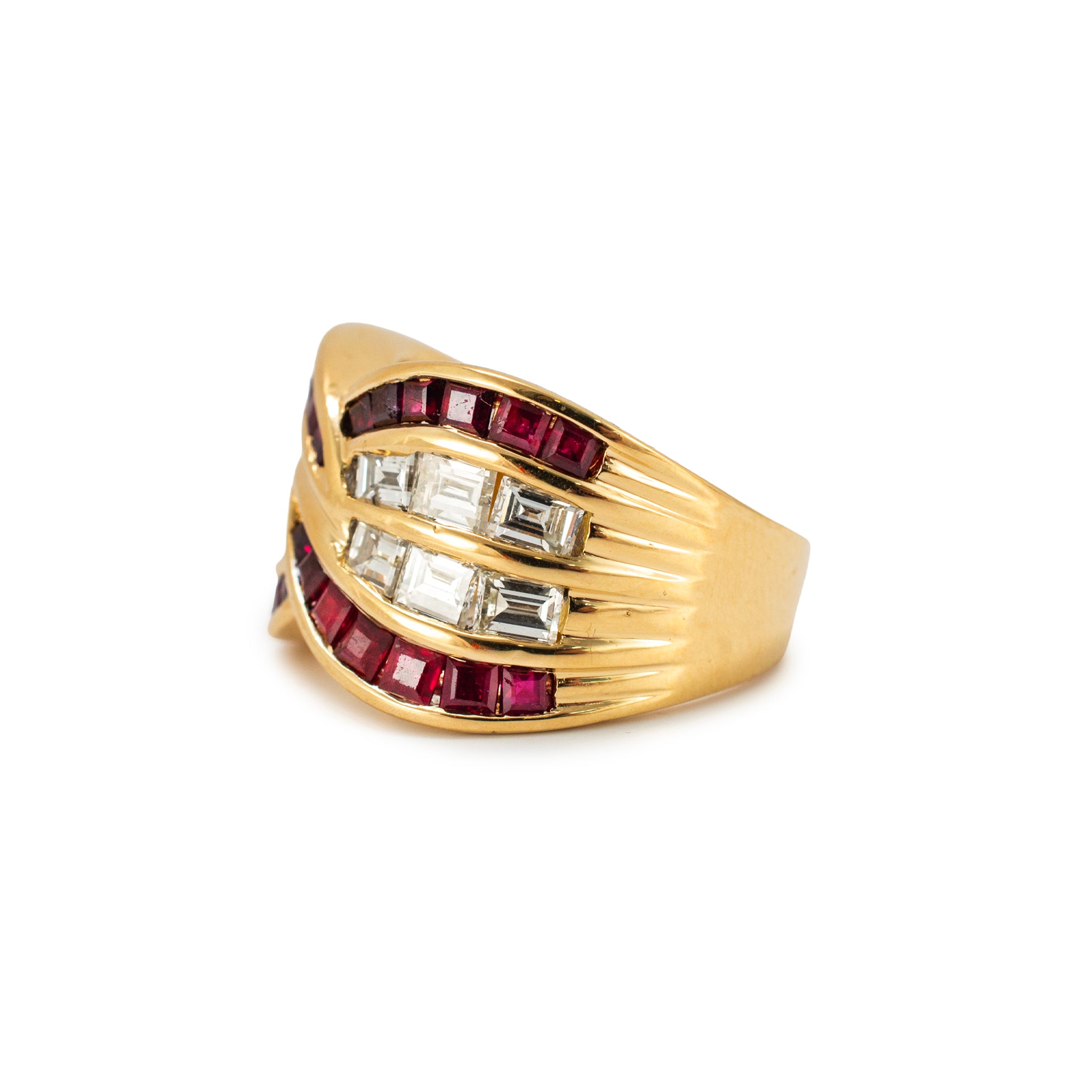 Vintage 18K Yellow Gold 2.63ctw Invisible Ruby Baguette Diamond Crossover Band