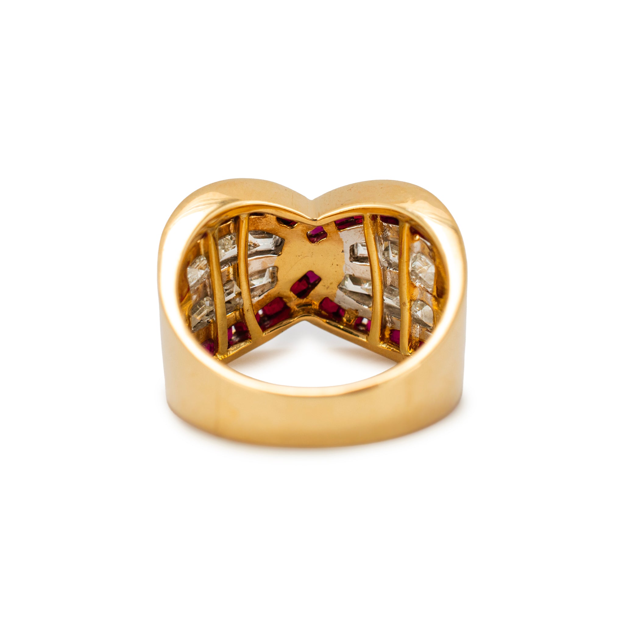 Vintage 18K Yellow Gold 2.63ctw Invisible Ruby Baguette Diamond Crossover Band