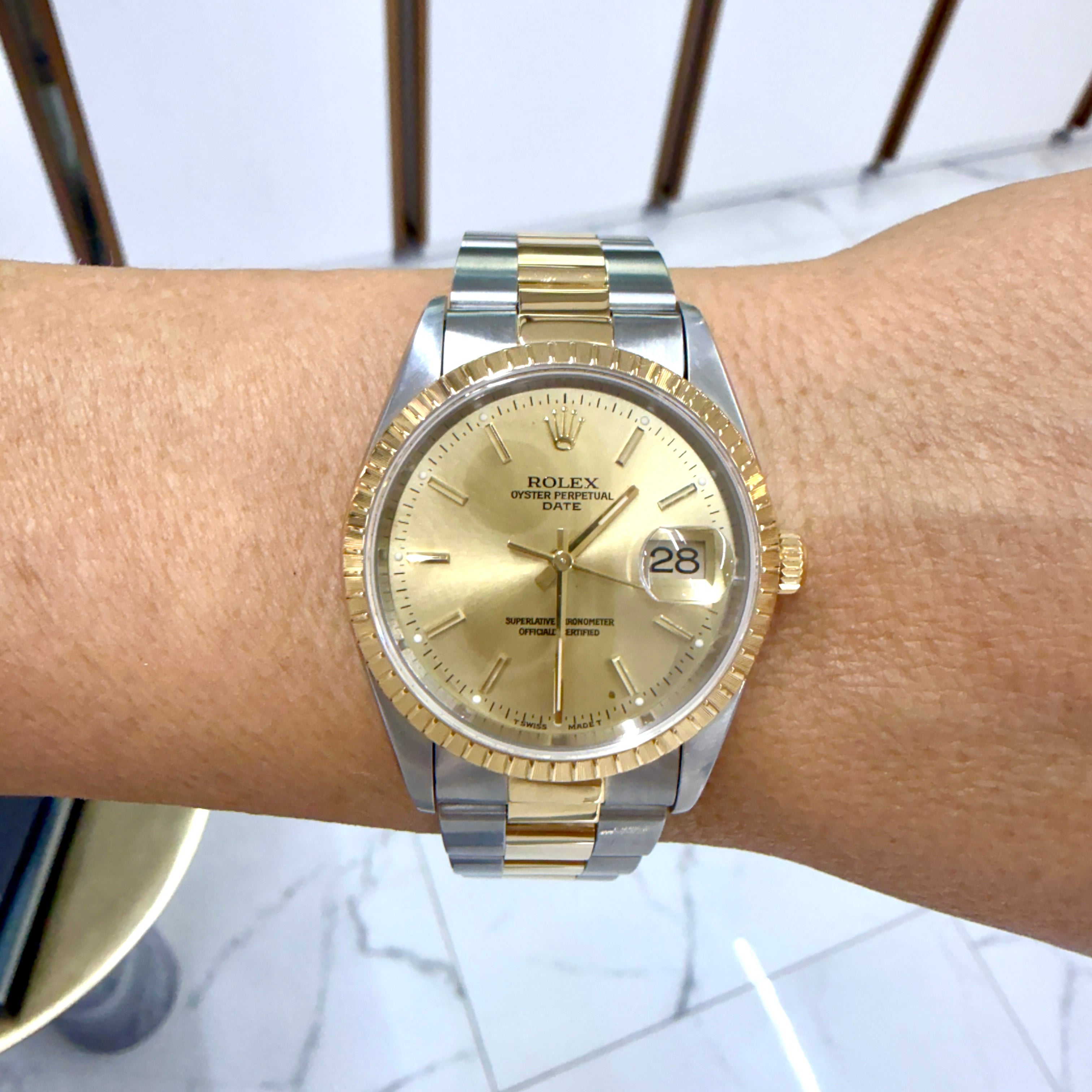 Rolex Oyster Perpetual Date 34MM 115233 Champagne Dial Gold Steel Watch