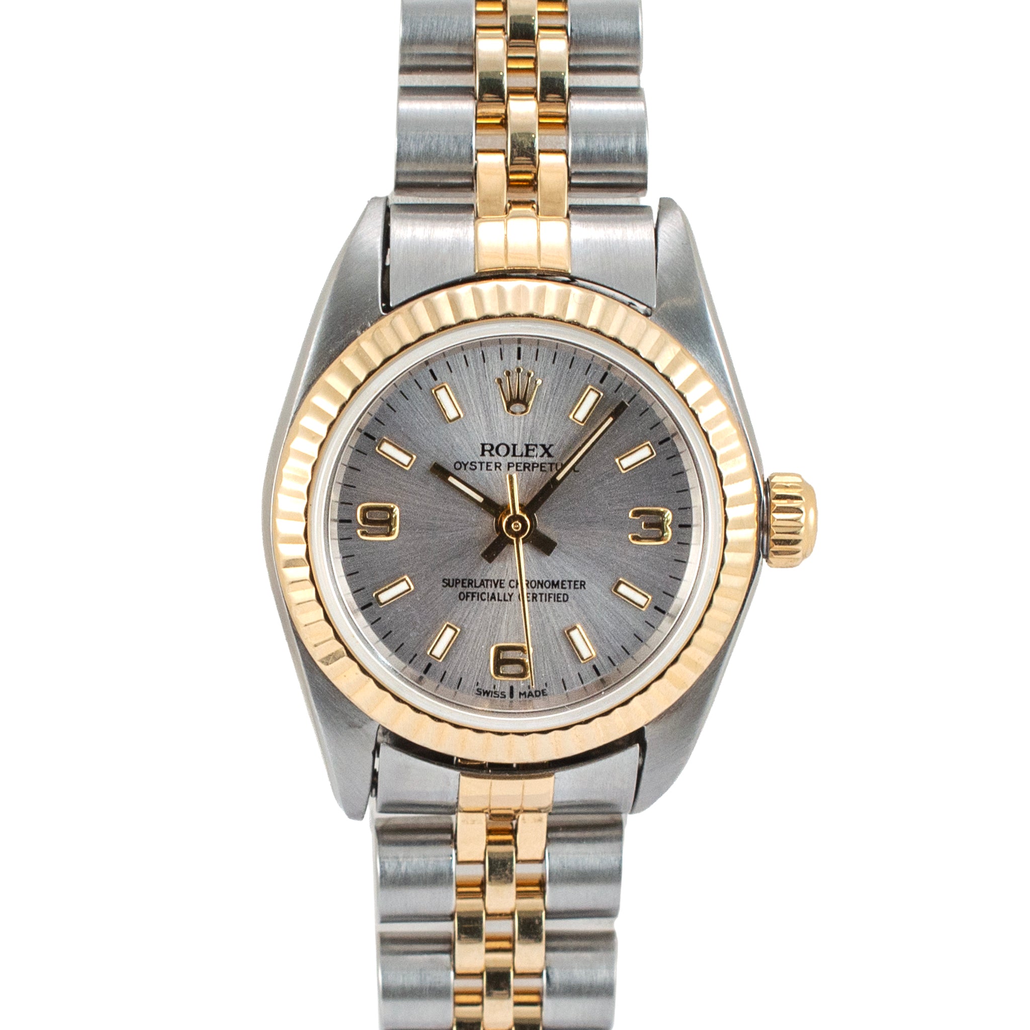 Ladies Rolex Oyster Perpetual 26MM 76193 Silver Arabic Two Tone Gold Steel Watch