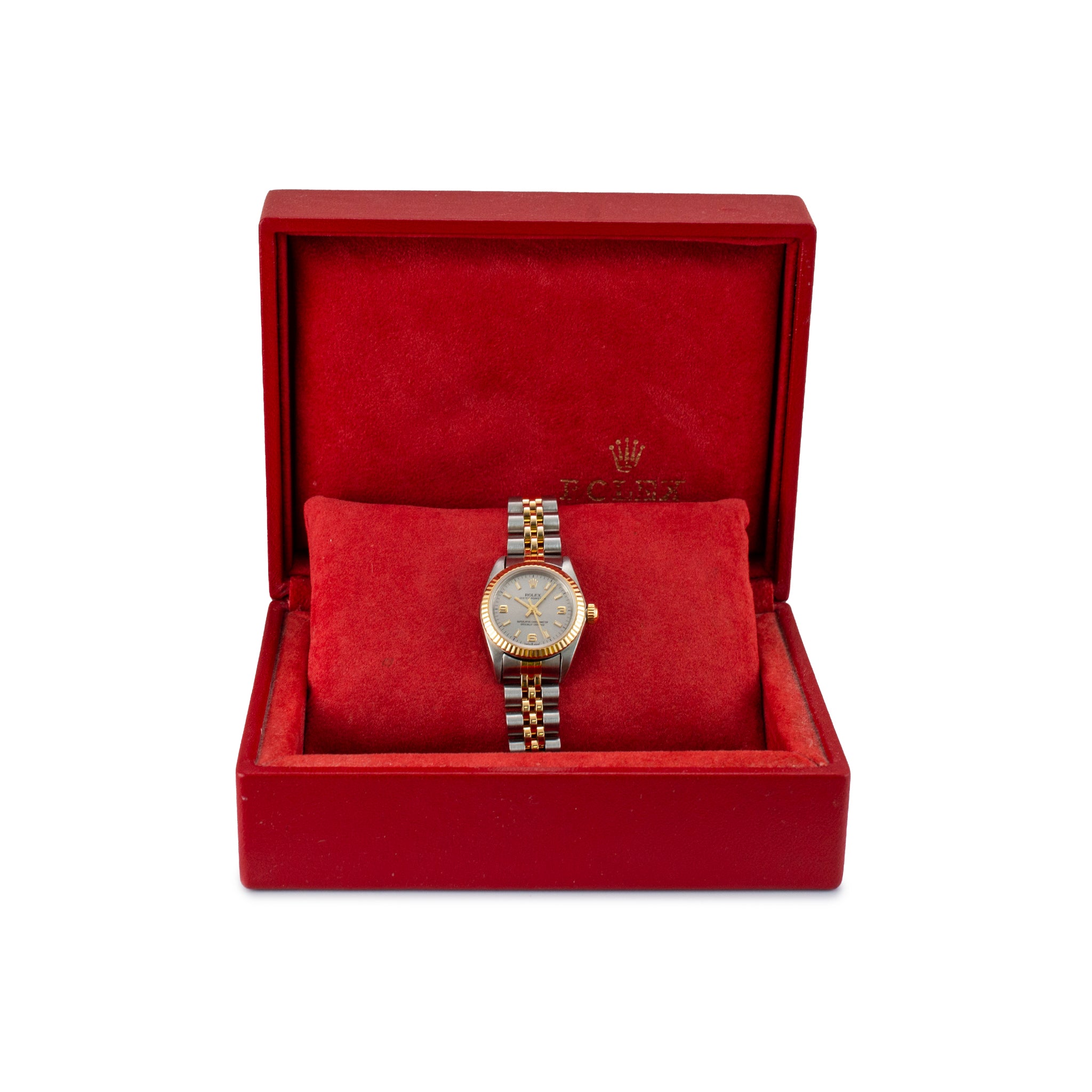Ladies Rolex Oyster Perpetual 26MM 76193 Silver Arabic Two Tone Gold Steel Watch