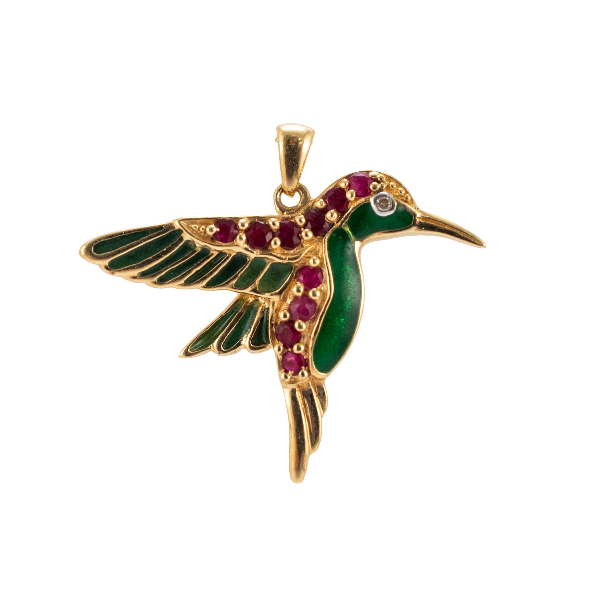 Vintage 14K Yellow Gold Diamond Ruby Green Enamel Hummingbird Drop Pendant
