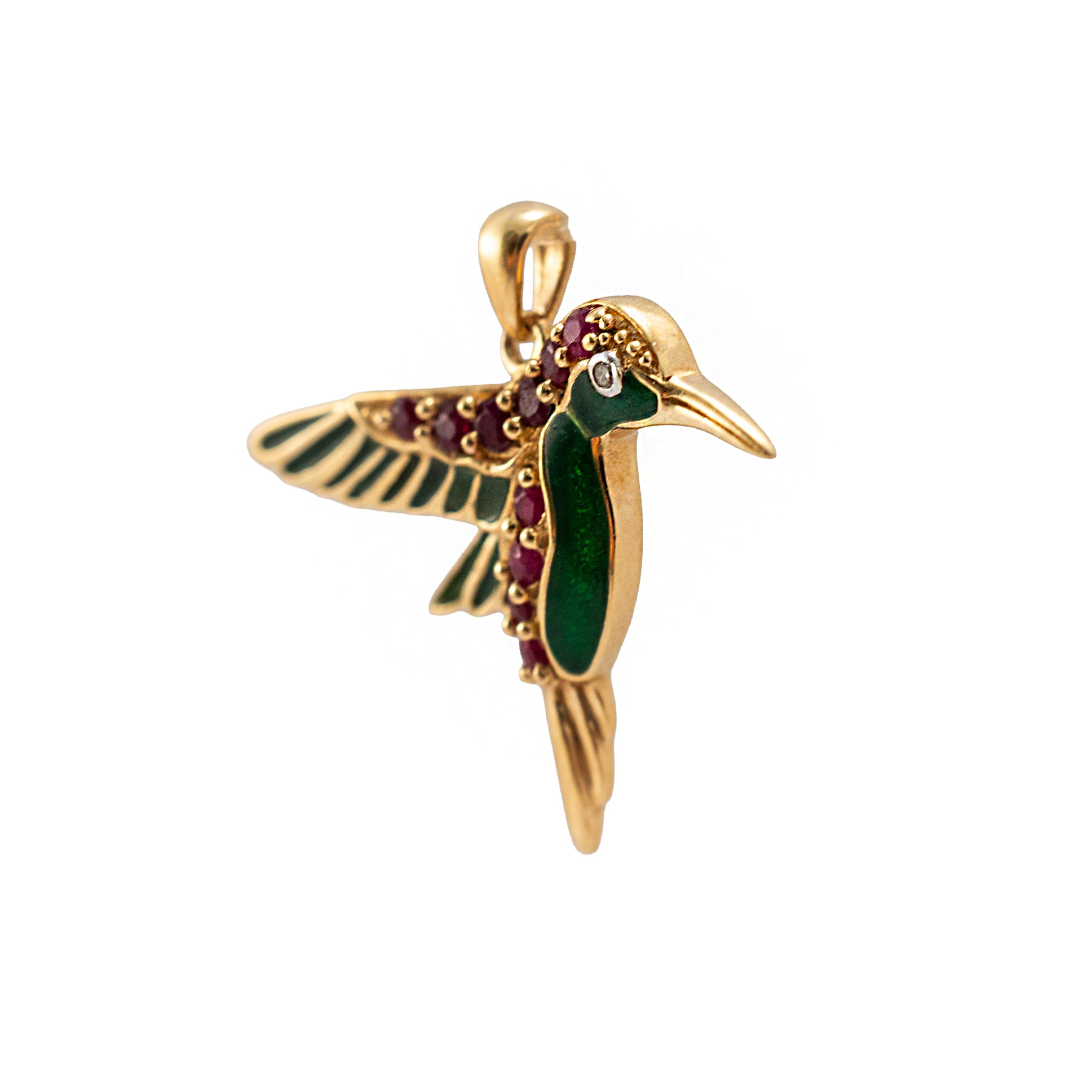 Vintage 14K Yellow Gold Diamond Ruby Green Enamel Hummingbird Drop Pendant