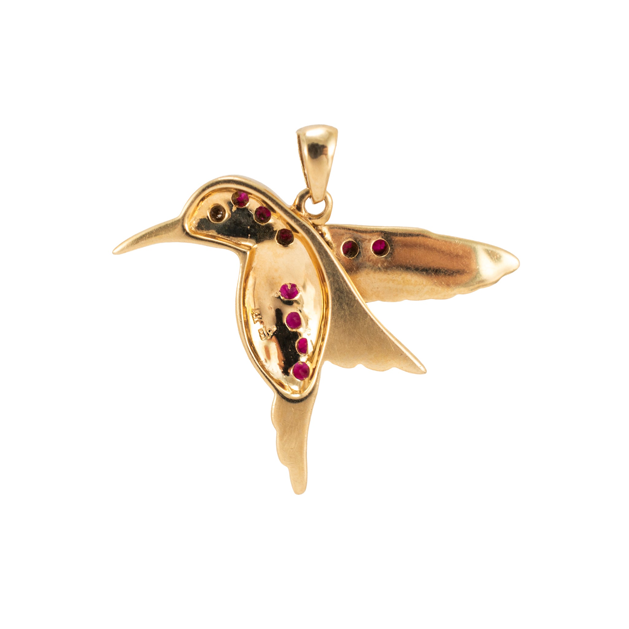 Vintage 14K Yellow Gold Diamond Ruby Green Enamel Hummingbird Drop Pendant