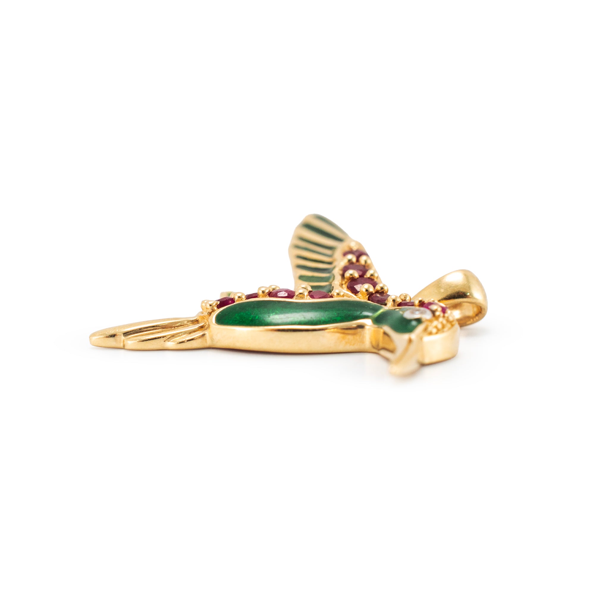 Vintage 14K Yellow Gold Diamond Ruby Green Enamel Hummingbird Drop Pendant