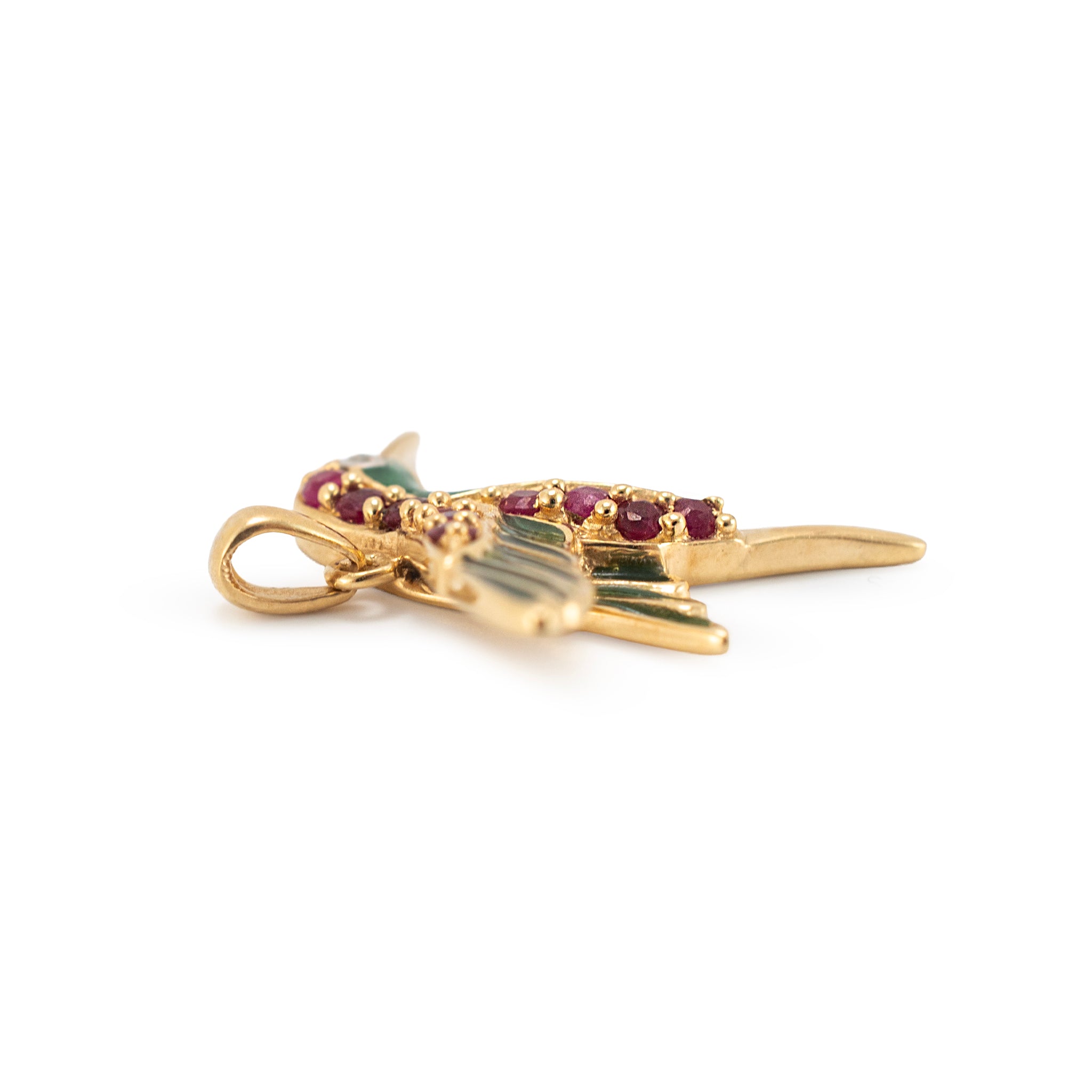 Vintage 14K Yellow Gold Diamond Ruby Green Enamel Hummingbird Drop Pendant