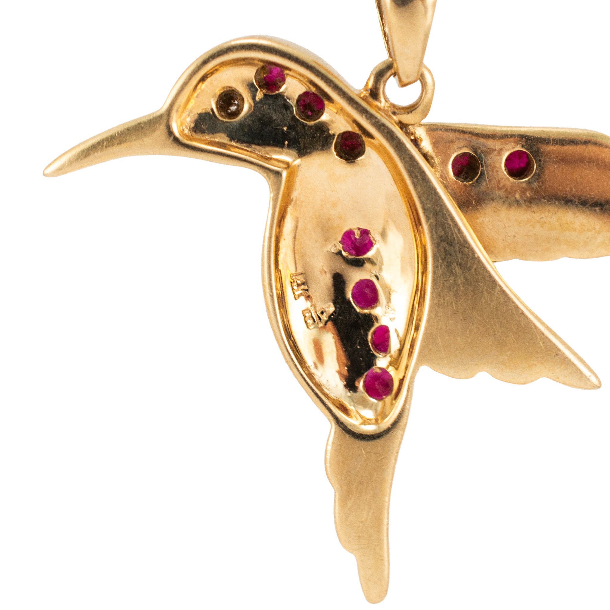 Vintage 14K Yellow Gold Diamond Ruby Green Enamel Hummingbird Drop Pendant