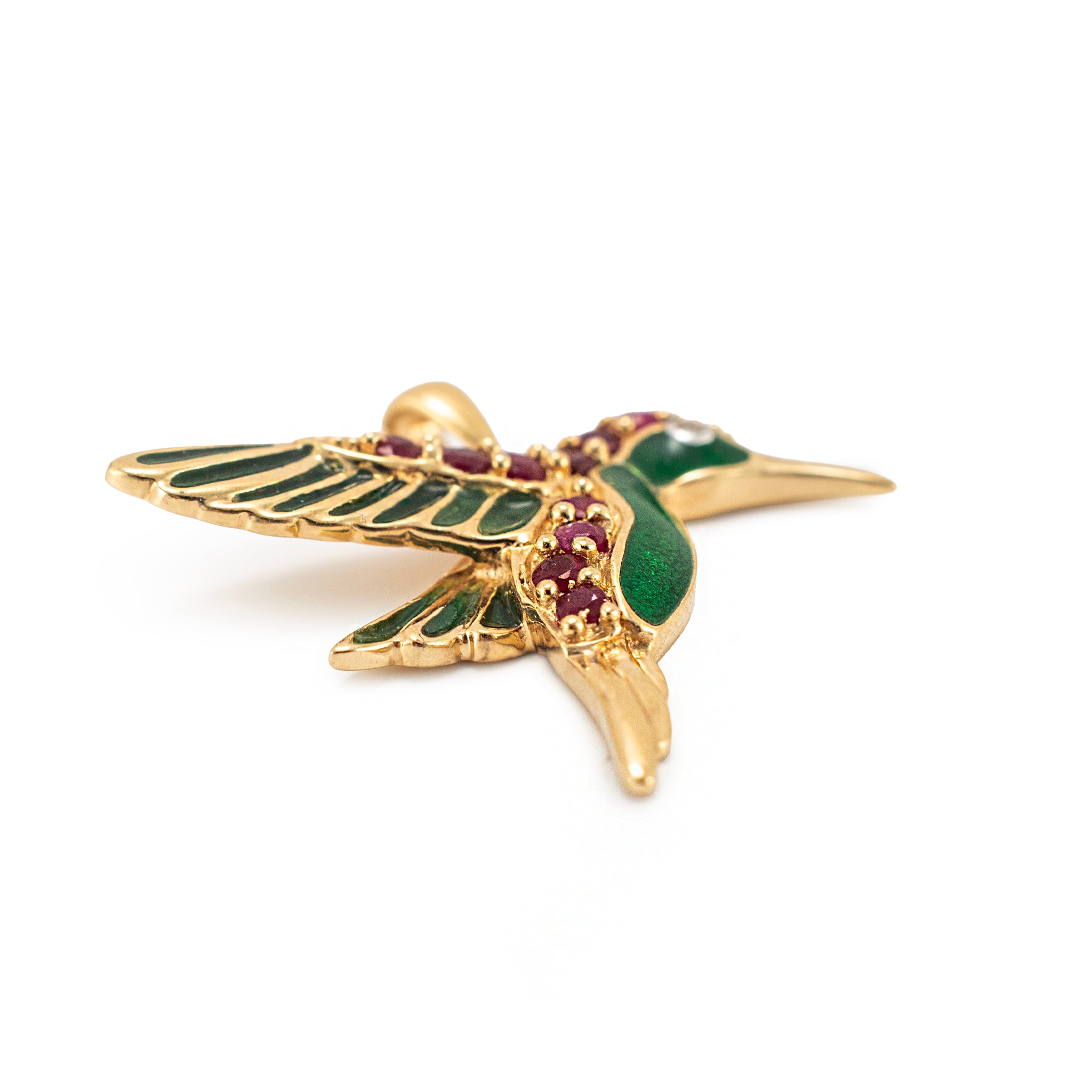 Vintage 14K Yellow Gold Diamond Ruby Green Enamel Hummingbird Drop Pendant