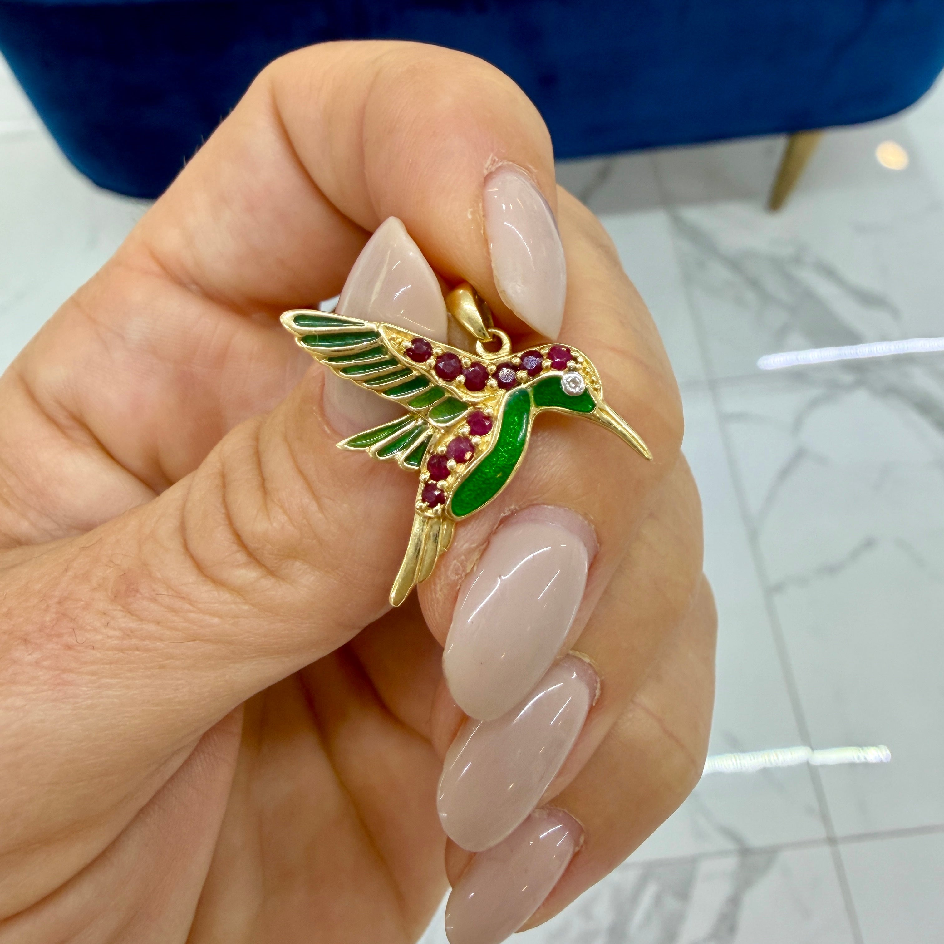 Vintage 14K Yellow Gold Diamond Ruby Green Enamel Hummingbird Drop Pendant