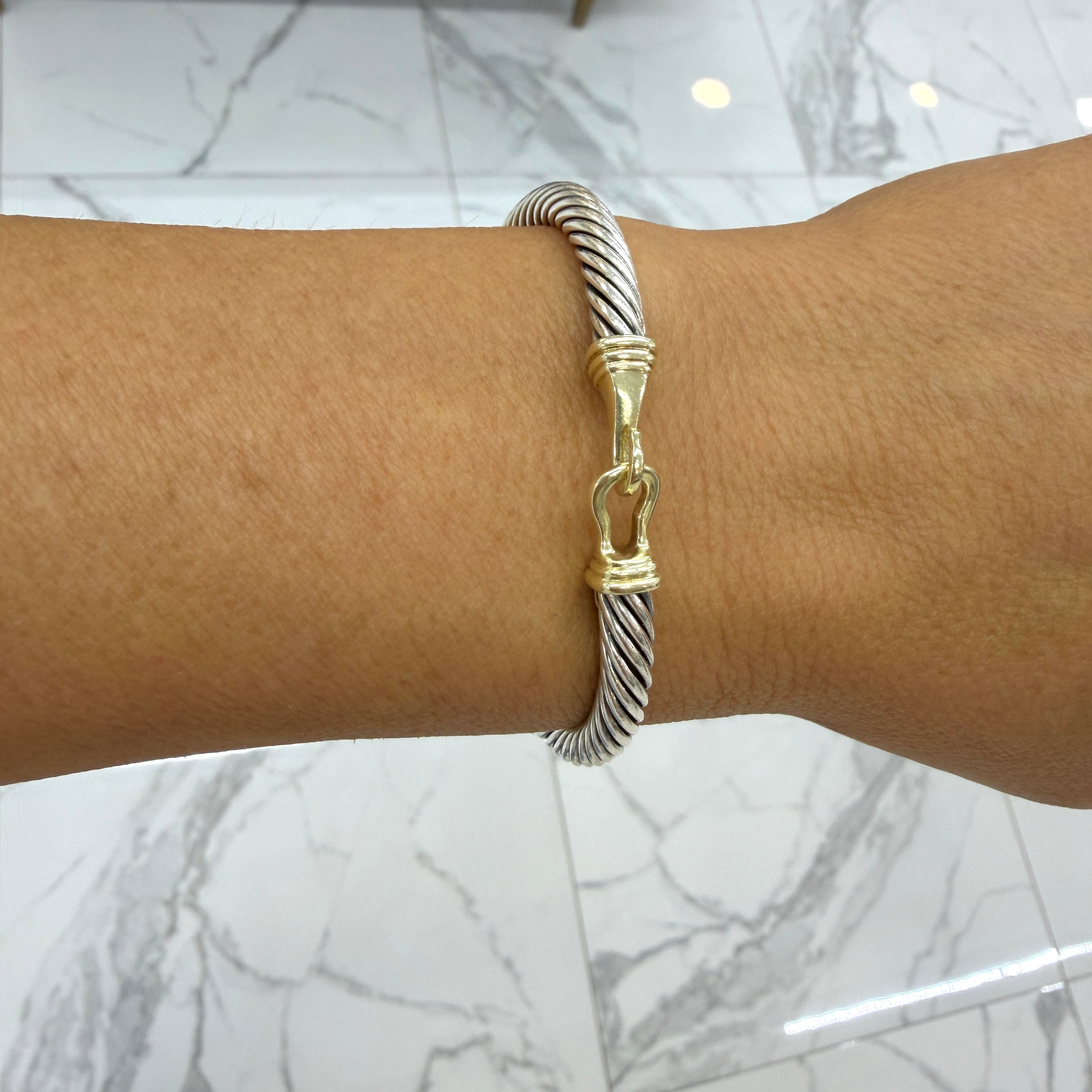 David Yurman 925 Silver 14K Yellow Gold Buckle Classic Cable Bangle Bracelet