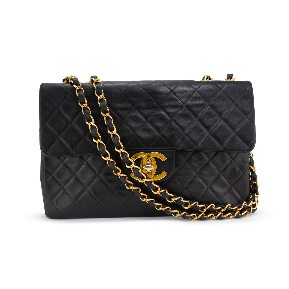 Vintage Chanel XL Jumbo Black Quilted Lambskin Gold-Tone Flap Shoulder Bag