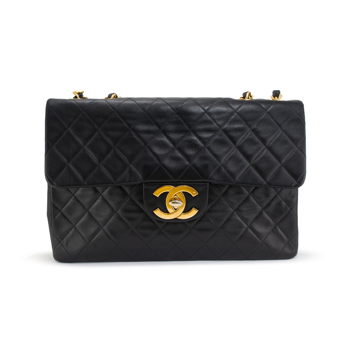 Vintage Chanel XL Jumbo Black Quilted Lambskin Gold-Tone Flap Shoulder Bag
