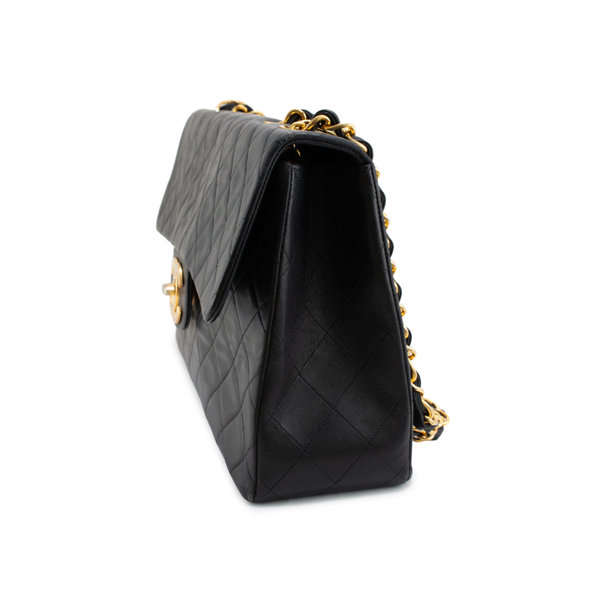 Vintage Chanel XL Jumbo Black Quilted Lambskin Gold-Tone Flap Shoulder Bag